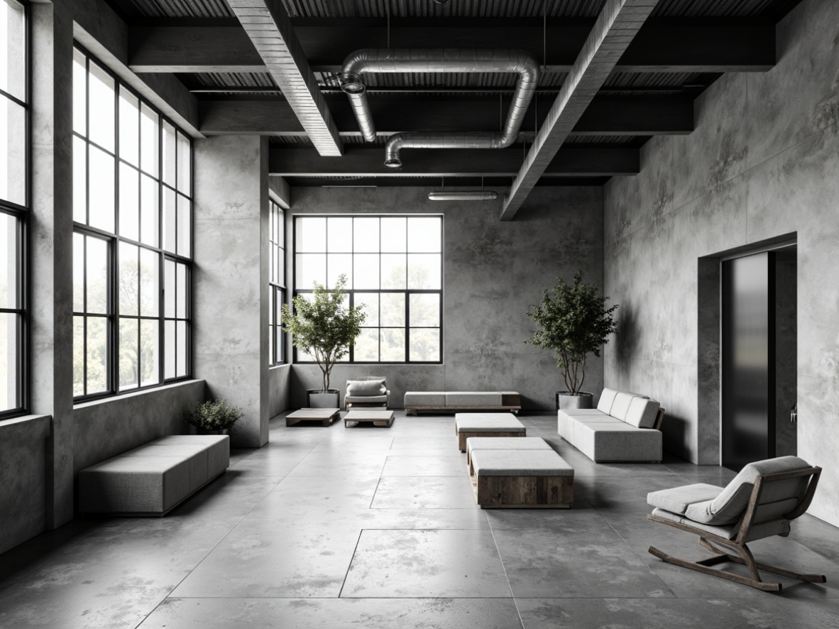 Prompt: Monochromatic color scheme, clean lines, minimal ornamentation, industrial materials, raw concrete floors, exposed ductwork, functional furniture, geometric shapes, steel frames, large windows, natural light, sparse decorations, simple textiles, limited color palette, empty space, architectural photography, high contrast lighting, dramatic shadows, 1/1 composition, symmetrical framing.