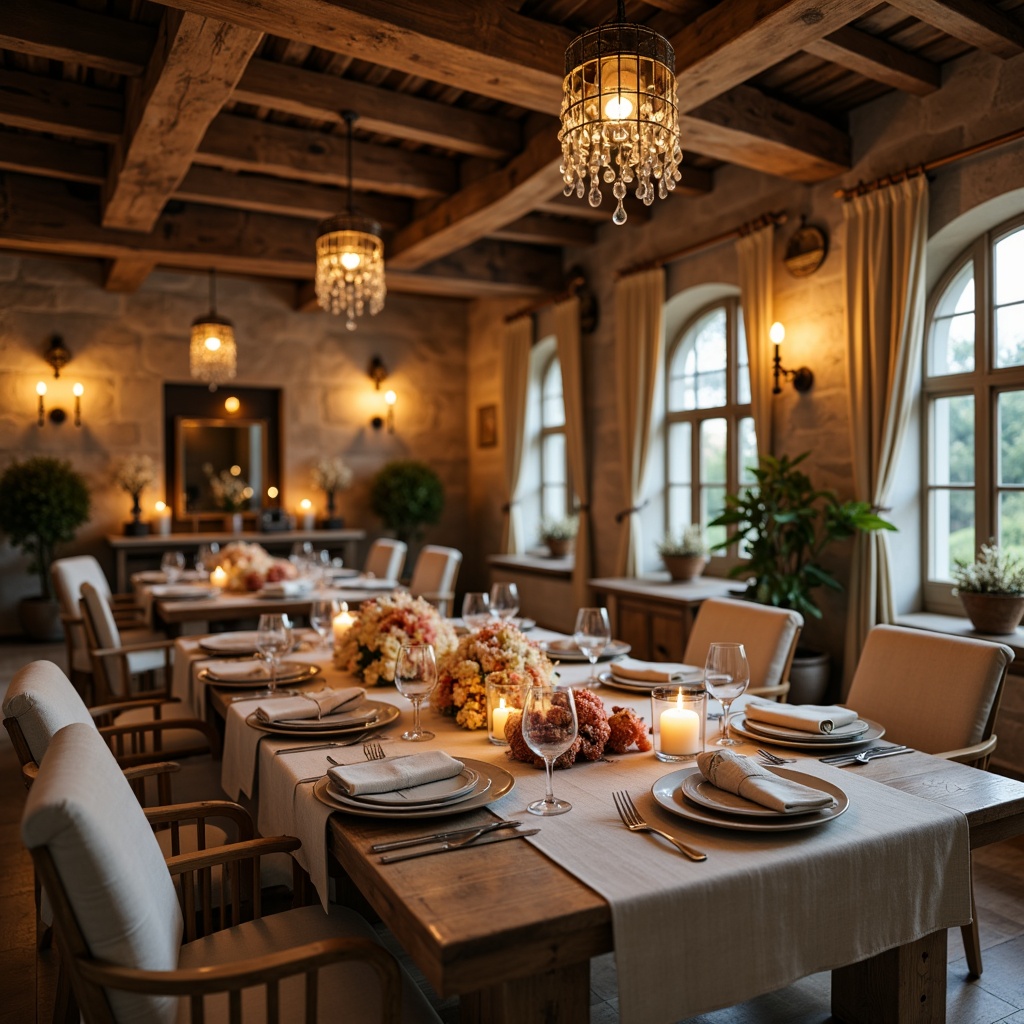 Prompt: Rustic French country villa, soft warm glow, candles, lanterns, wrought iron chandeliers, crystal drops, distressed wood beams, stone walls, vintage metal lanterns, mercury glass pendant lights, linen shades, natural fabrics, earthy tones, warm beige colors, soft cream hues, golden accents, bronze fixtures, ornate metalwork, dimmable lighting, cozy ambiance, intimate setting, romantic dinner party, warm summer evening, sunset glow, shallow depth of field, 1/1 composition, realistic textures, ambient occlusion.