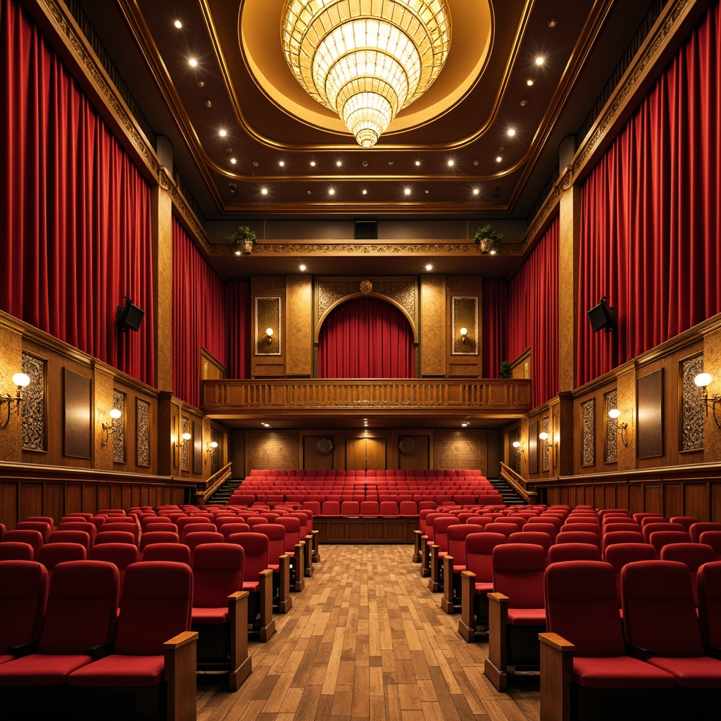 Prompt: Luxurious auditorium, Art Deco style, ornate gold accents, velvet curtains, grand chandelier, wooden floorboards, plush red seats, acoustic panels with geometric patterns, sound-absorbing materials, curved lines, symmetrical composition, warm golden lighting, soft shadows, shallow depth of field, 2/3 composition, realistic textures, ambient occlusion.