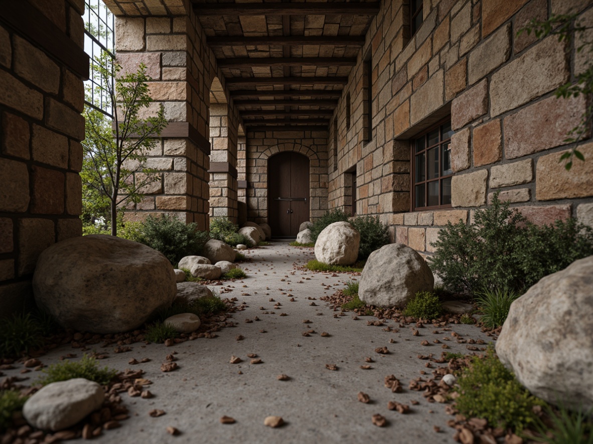 Prompt: Weathered stone walls, rugged rock formations, worn wooden planks, distressed metal sheets, aged concrete surfaces, moss-covered boulders, lichen-encrusted stones, rough-hewn tree trunks, intricate bark patterns, natural earthy tones, warm ambient lighting, soft focus, shallow depth of field, atmospheric perspective, cinematic composition, high-frequency details, realistic normal maps.