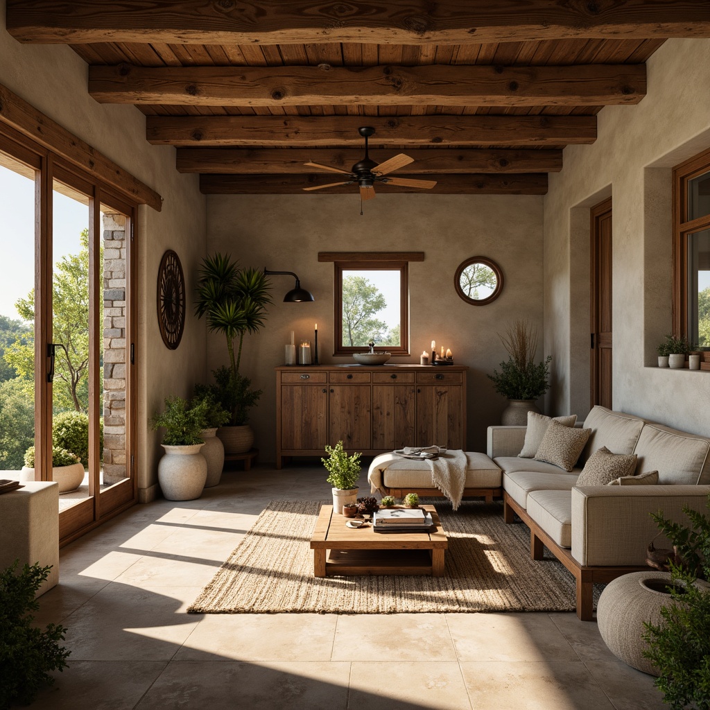 Prompt: Earthy vernacular architecture, rustic wooden accents, natural stone walls, earthy tones, warm beige floors, soft sage greenery, vintage metal decorations, distressed wooden furniture, cozy candle lighting, shallow depth of field, 1/1 composition, realistic textures, ambient occlusion, serene atmosphere, soft warm light, morning sunlight, peaceful ambiance.