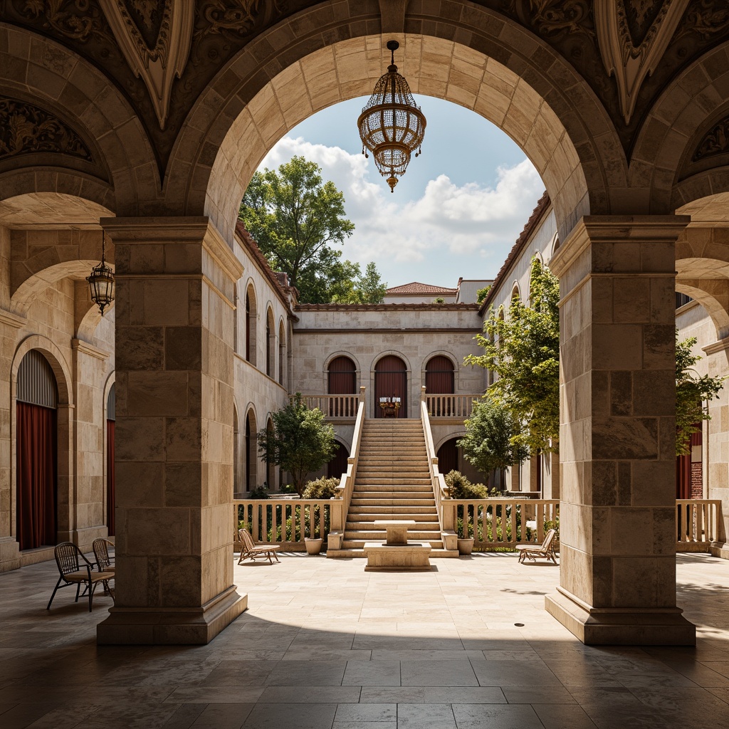 Prompt: Tranquil amphitheater, neoclassical architecture, limestone columns, marble floors, ornate facades, grand staircases, velvet curtains, golden accents, crystal chandeliers, natural stone walls, smooth arches, symmetrical composition, warm soft lighting, shallow depth of field, 2/3 perspective, atmospheric rendering, realistic textures.Please let me know if this meets your requirements!