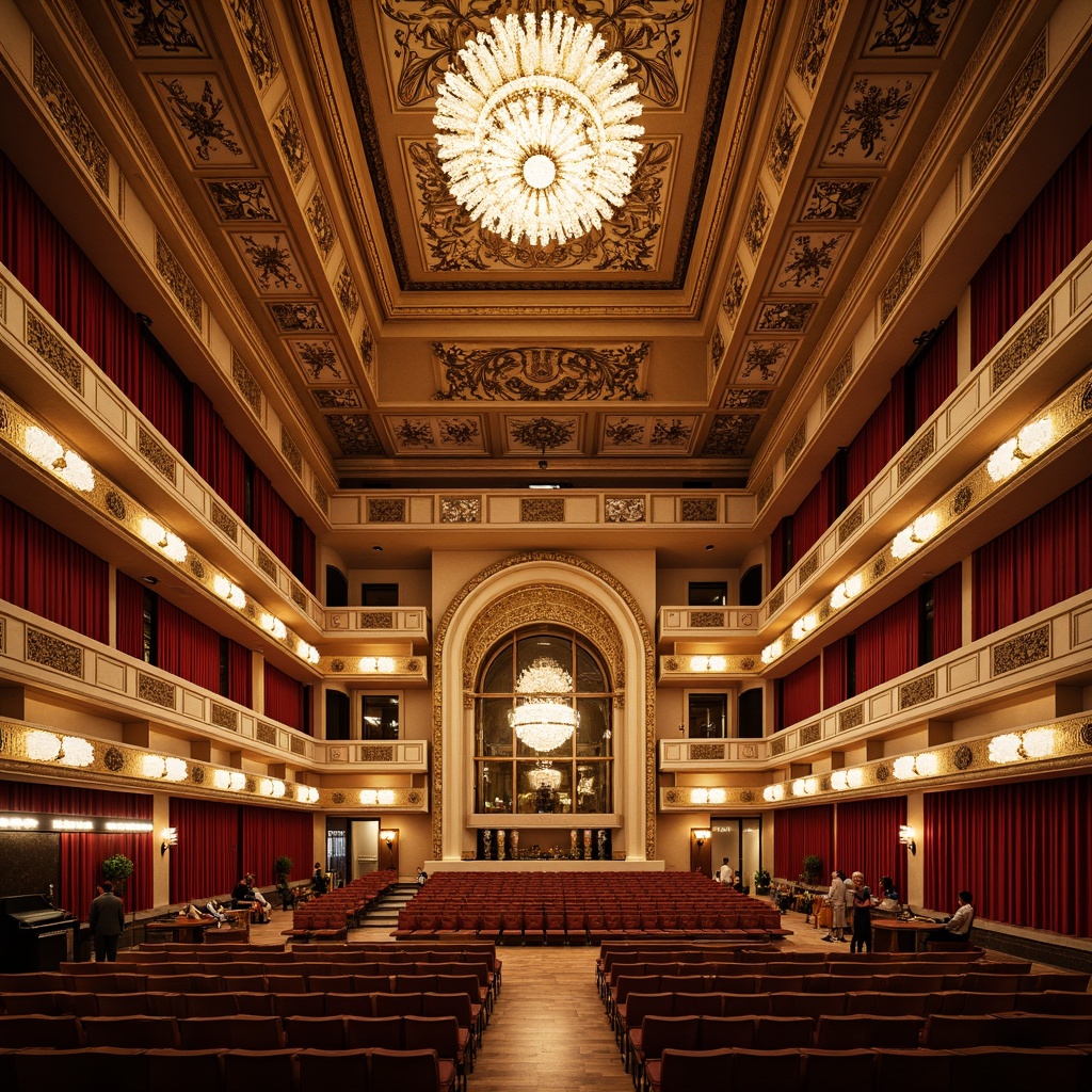 Prompt: Grand concert hall, ornate chandeliers, polished wooden floors, sound-absorbing panels, acoustic ceilings, velvet curtains, plush seating, golden balconies, intricate moldings, majestic staircases, marble walls, crystal clear glass doors, soft warm lighting, shallow depth of field, 3/4 composition, panoramic view, realistic textures, ambient occlusion.