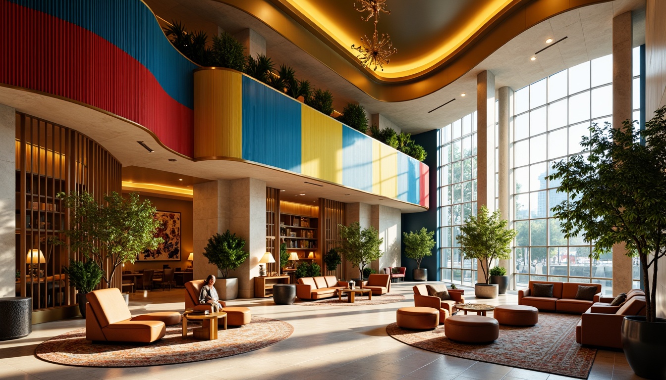 Prompt: Vibrant hotel lobby, bold color blocking, rich textures, luxurious fabrics, ornate furnishings, statement lighting fixtures, curved architectural lines, eclectic decorative elements, warm golden tones, deep blues, emerald greens, sunny yellows, abstract art pieces, natural stone accents, metallic finishes, polished marble floors, plush area rugs, oversized windows, dramatic vertical spaces, whimsical patterns, opulent chandeliers, soft warm glow, atmospheric misting, 1/1 composition, cinematic lighting, stylized reflections.