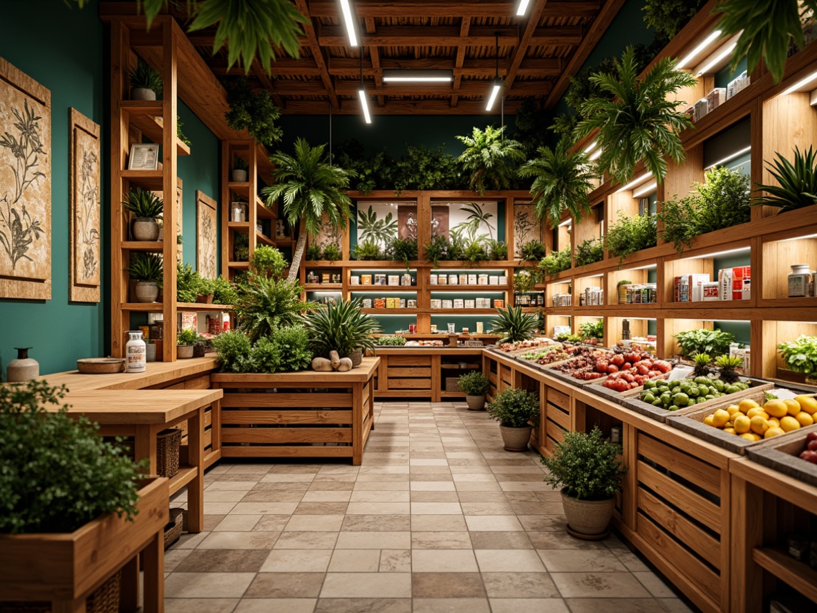 Prompt: Vibrant tropical grocery store, exotic wood accents, woven rattan shelves, colorful ceramic tiles, lush greenery, natural fiber textiles, reclaimed wooden crates, decorative palm fronds, modern minimalist lighting, open-air market feel, warm ambient glow, shallow depth of field, 1/1 composition, realistic textures, ambient occlusion.