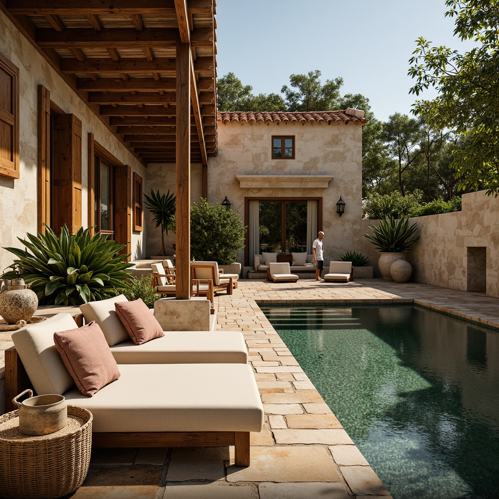 Prompt: Warm Mediterranean villa, rustic stone walls, terracotta roofs, lush greenery, tranquil water features, wooden accents, distressed finishes, earthy color palette, comfortable seating areas, plush cushions, natural textiles, woven baskets, decorative ceramics, ornate metalwork, soft warm lighting, ambient shadows, 1/1 composition, realistic textures, subtle weathering effects.