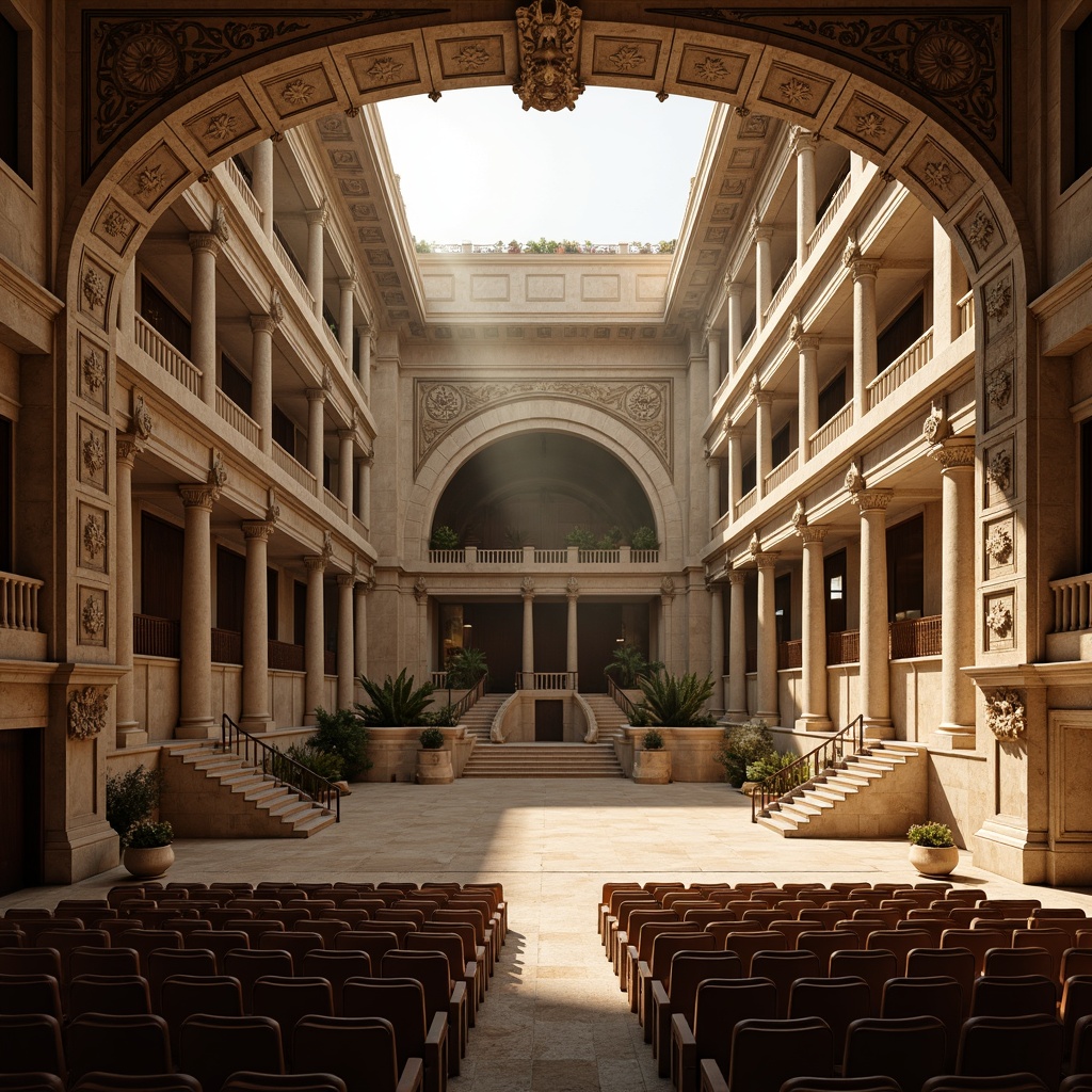 Prompt: Elegant amphitheater, neoclassical architecture, ornate columns, carved stone facades, grandiose staircases, sweeping archways, acoustic paneling, sound-absorbing materials, tiered seating, intimate performance spaces, natural light pouring in, warm golden lighting, subtle shadows, 3/4 composition, symmetrical framing, ornate details, realistic textures, ambient occlusion.