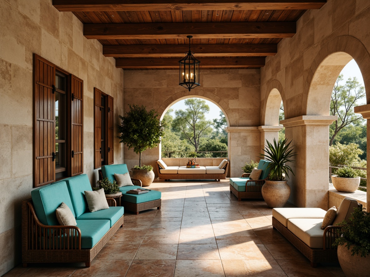 Prompt: Warm Mediterranean villa, rustic stone walls, curved archways, ornate ironwork, distressed wood accents, plush velvet upholstery, elegant marble floors, decorative ceramic tiles, vibrant turquoise hues, natural linen fabrics, soft warm lighting, shallow depth of field, 3/4 composition, panoramic view, realistic textures, ambient occlusion.