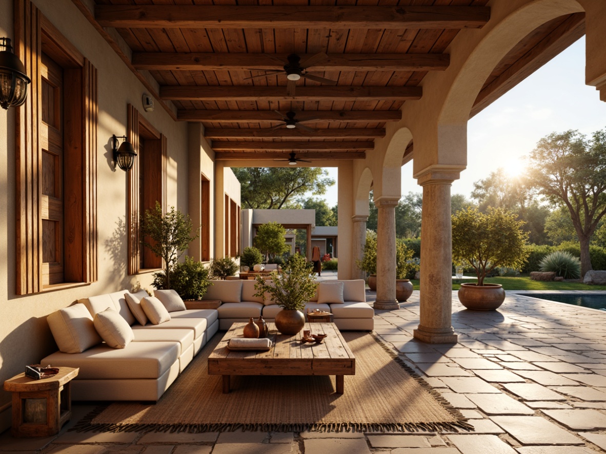 Prompt: Warm Mediterranean villa, rustic wooden accents, distressed finishes, ornate metalwork, plush cushions, soft velvet upholstery, natural linen fabrics, woven wicker furniture, reclaimed wood coffee tables, vintage decorative accessories, earthy color palette, terracotta vases, potted olive trees, sun-kissed patios, warm golden lighting, shallow depth of field, 1/1 composition, realistic textures, ambient occlusion.