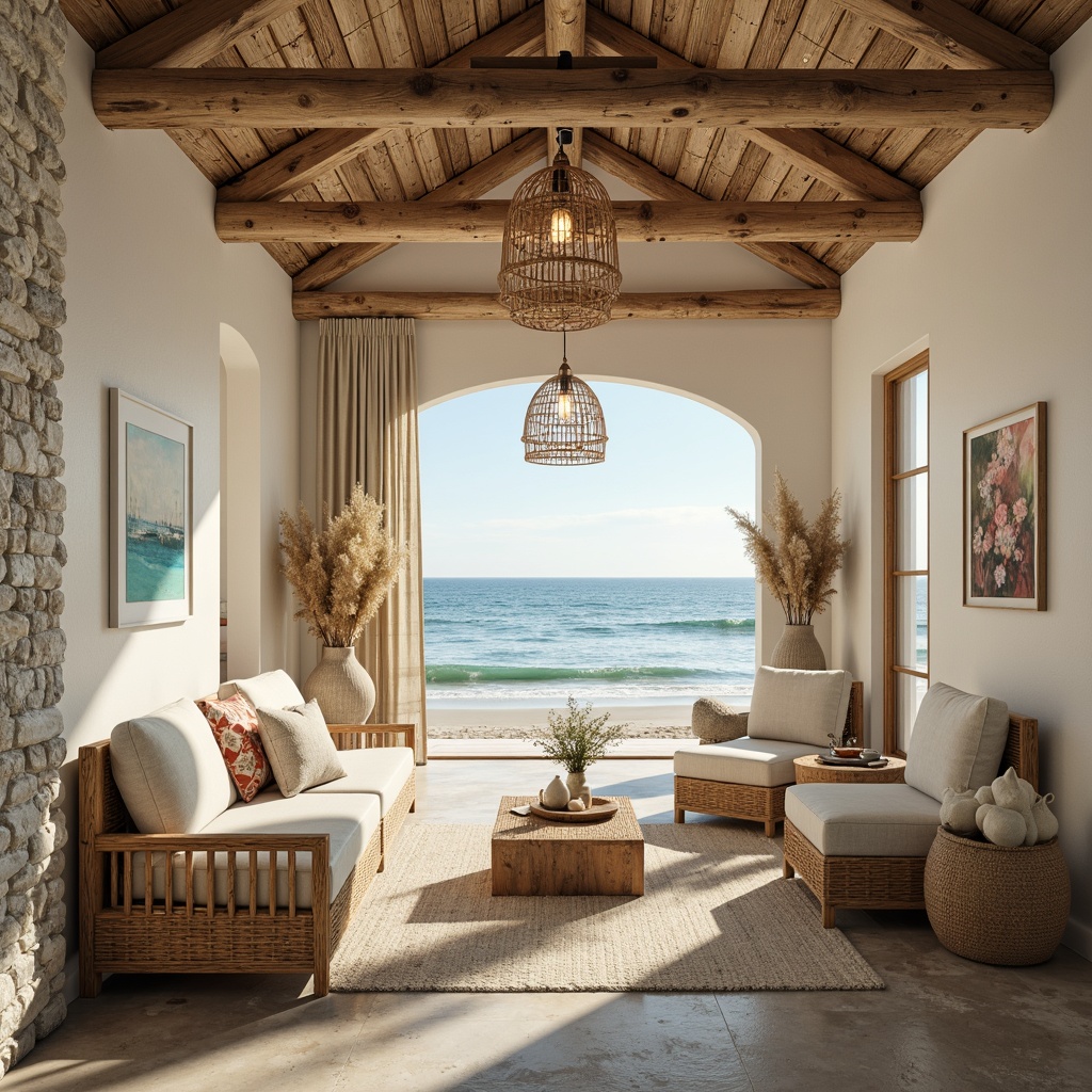 Prompt: Soothing coastal venues, soft sandy beaches, gentle ocean waves, calming sea breeze, driftwood accents, weathered stone walls, natural fiber textiles, woven wicker furniture, distressed wood finishes, sea-glass inspired chandeliers, creamy white plaster walls, warm beige floors, muted turquoise hues, pale coral shades, misty grey-blue tones, soft golden lighting, atmospheric fog effects, 1/1 composition, intimate framing, serene ambiance, realistic ocean sounds.