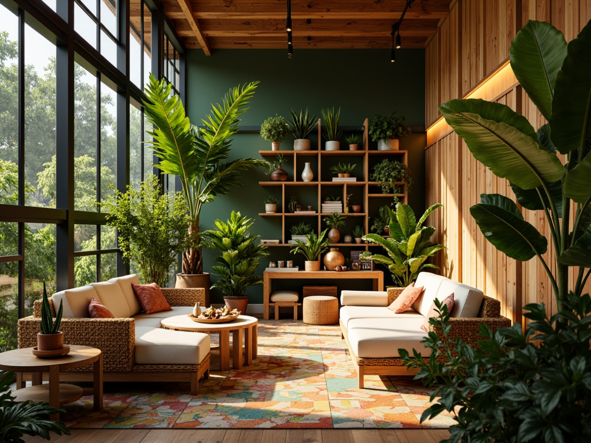 Prompt: Vibrant tropical colors, lush green walls, natural wood accents, woven rattan furniture, exotic flower arrangements, warm golden lighting, softbox diffused light, floor-to-ceiling glass windows, open ceiling design, wooden beam structures, tropical leaf patterns, colorful ceramic tiles, modern minimalistic shelving, LED strip lighting, ambient warm glow, 1/1 composition, realistic textures, depth of field blur.