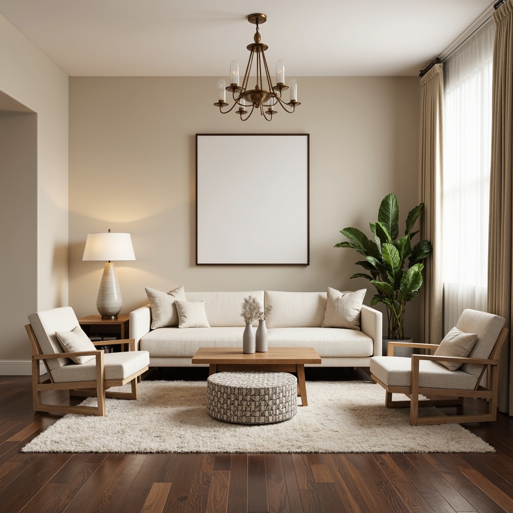 Prompt: Minimalist living room, soft beige walls, dark hardwood floors, plush area rug, comfortable sofa, accent chairs, wooden coffee table, geometric patterned ottoman, modern floor lamp, elegant chandelier, pastel-colored throw pillows, natural fiber upholstery, warm beige curtains, subtle texture contrast, inviting ambiance, 1/2 composition, softbox lighting, realistic wood grain textures.