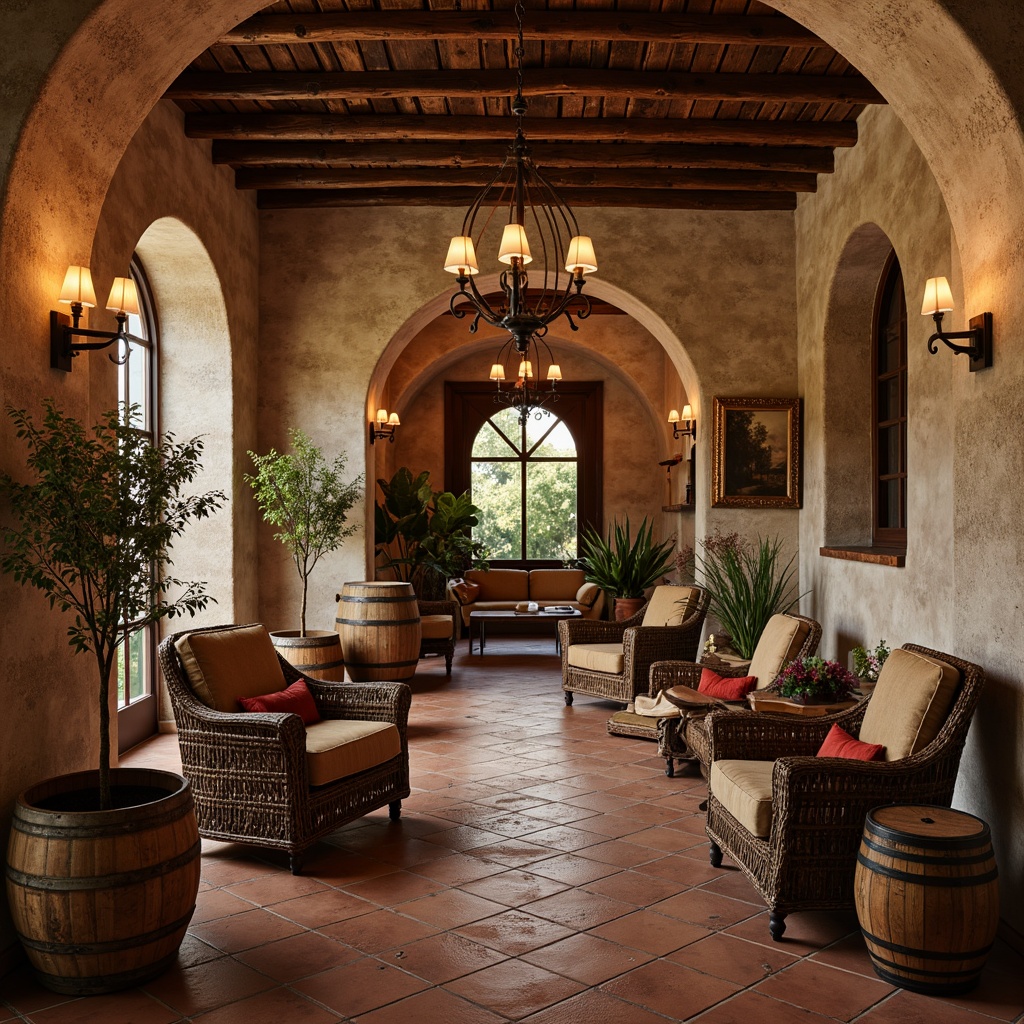 Prompt: Rustic winery interior, reclaimed wood accents, Mediterranean-inspired arches, terracotta flooring, natural stone walls, earthy color palette, wooden wine barrels, vintage metal lanterns, woven wicker furniture, plush velvet textiles, distressed leather armchairs, ornate ceramic tiles, warm candle lighting, soft ambient glow, 1/1 composition, shallow depth of field, realistic wood textures, subtle atmospheric effects.