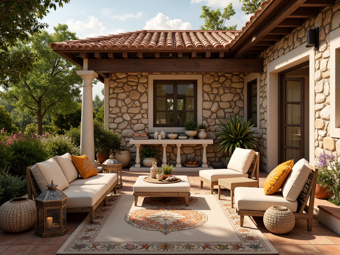 Prompt: Vibrant Mediterranean villa, rustic stone walls, terracotta roof tiles, lush greenery, colorful ceramics, intricate mosaic patterns, warm beige fabrics, natural linen textures, embroidered silk accents, geometric patterned rugs, woven wicker furniture, distressed wood accents, ornate metal lanterns, soft warm lighting, shallow depth of field, 1/1 composition, realistic materials, ambient occlusion.