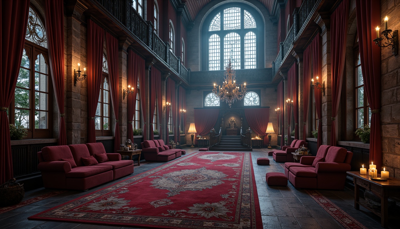 Prompt: Richly ornamented Gothic interior, lavish velvet drapes, intricately patterned rugs, plush cushions, majestic stone walls, grand chandeliers, mysterious dim lighting, mystical stained glass windows, ornate wooden furnishings, regal thrones, mystical symbols, eerie ambiance, foggy atmosphere, warm candlelight, soft misty background, atmospheric depth of field, 1/2 composition, dramatic high contrast, detailed fabric textures, subtle ambient occlusion.