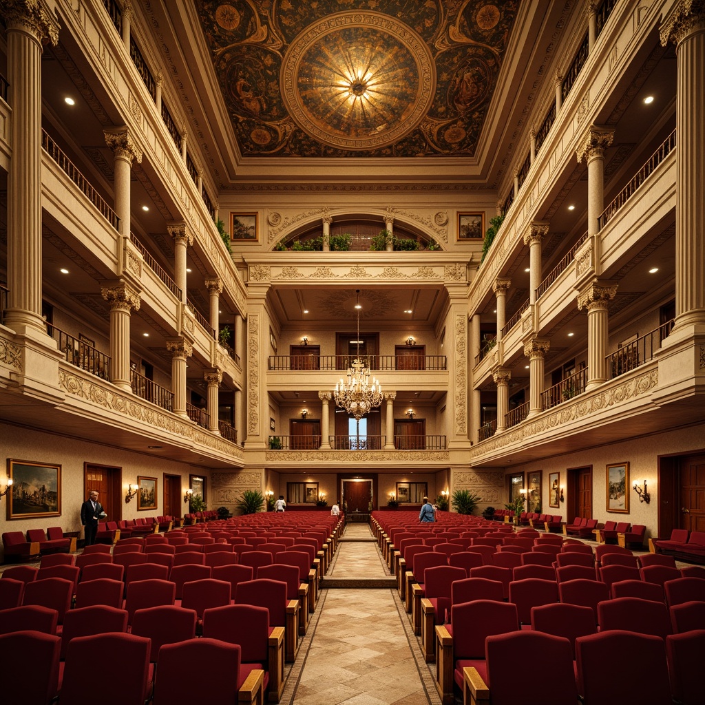 Prompt: Grand amphitheater, neoclassical architecture, marble columns, ornate carvings, velvet-red seating, curved rows, stepped platforms, bronze handrails, polished wooden floors, intricate frescoes, high ceilings, natural stone walls, warm golden lighting, shallow depth of field, 1/1 composition, symmetrical framing, realistic textures, ambient occlusion.