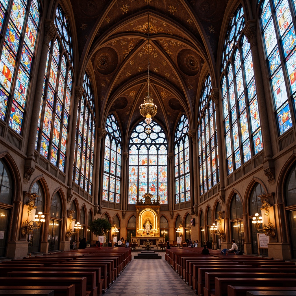 Prompt: Vibrant stained glass windows, geometric patterns, ornate metal frames, grandiose church interior, luxurious velvet pews, intricate mosaics, opulent chandeliers, majestic altarpieces, richly textured stone walls, dramatic vaulted ceilings, lavish golden accents, symmetrical composition, warm soft lighting, shallow depth of field, 1/2 composition, realistic textures, ambient occlusion.