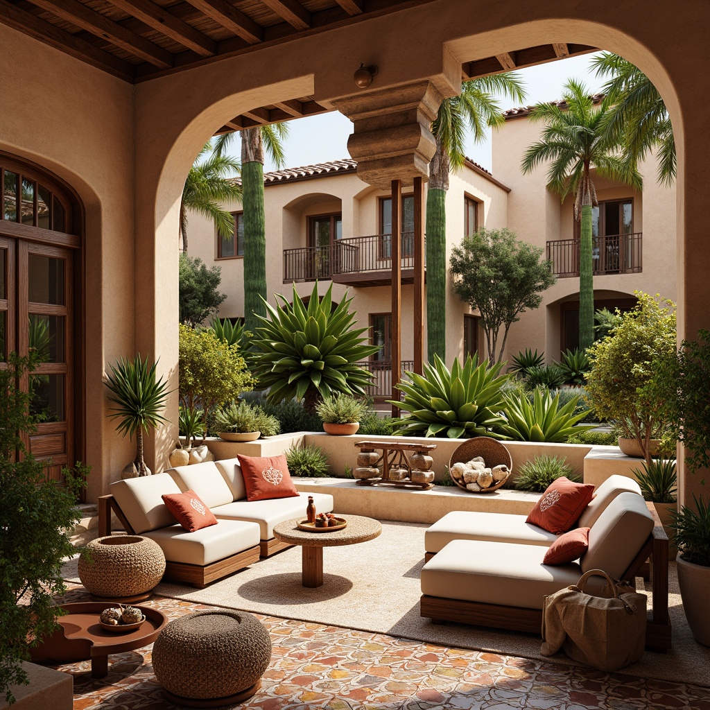 Prompt: Vibrant Mediterranean villa, ornate terracotta tiles, rustic stone walls, lush greenery, colorful ceramics, intricate mosaics, flowing drapery, plush throw pillows, embroidered fabrics, warm beige tones, natural linen textiles, distressed wood accents, decorative archways, tranquil courtyard, soft warm lighting, 1/1 composition, realistic textures, ambient occlusion.