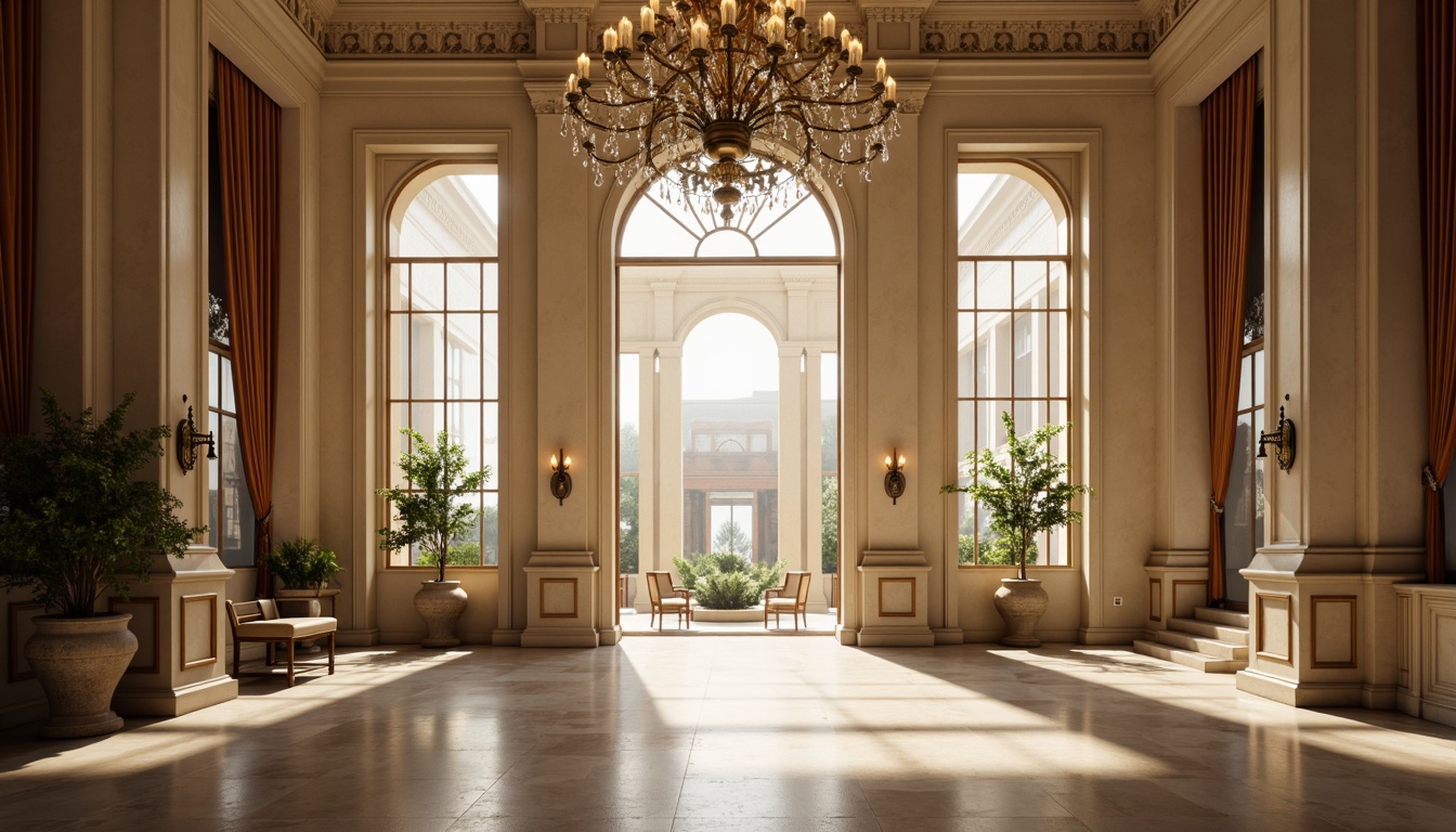 Prompt: Elegant chandelier, ornate metalwork, crystal drops, soft warm glow, grand entrance hall, high ceilings, marble floors, neoclassical columns, intricate moldings, gilded details, luxurious textiles, velvet drapes, refined furnishings, subtle color palette, cream tones, neutral backgrounds, atmospheric lighting, cinematic shadows, 1/1 composition, realistic reflections, ambient occlusion.