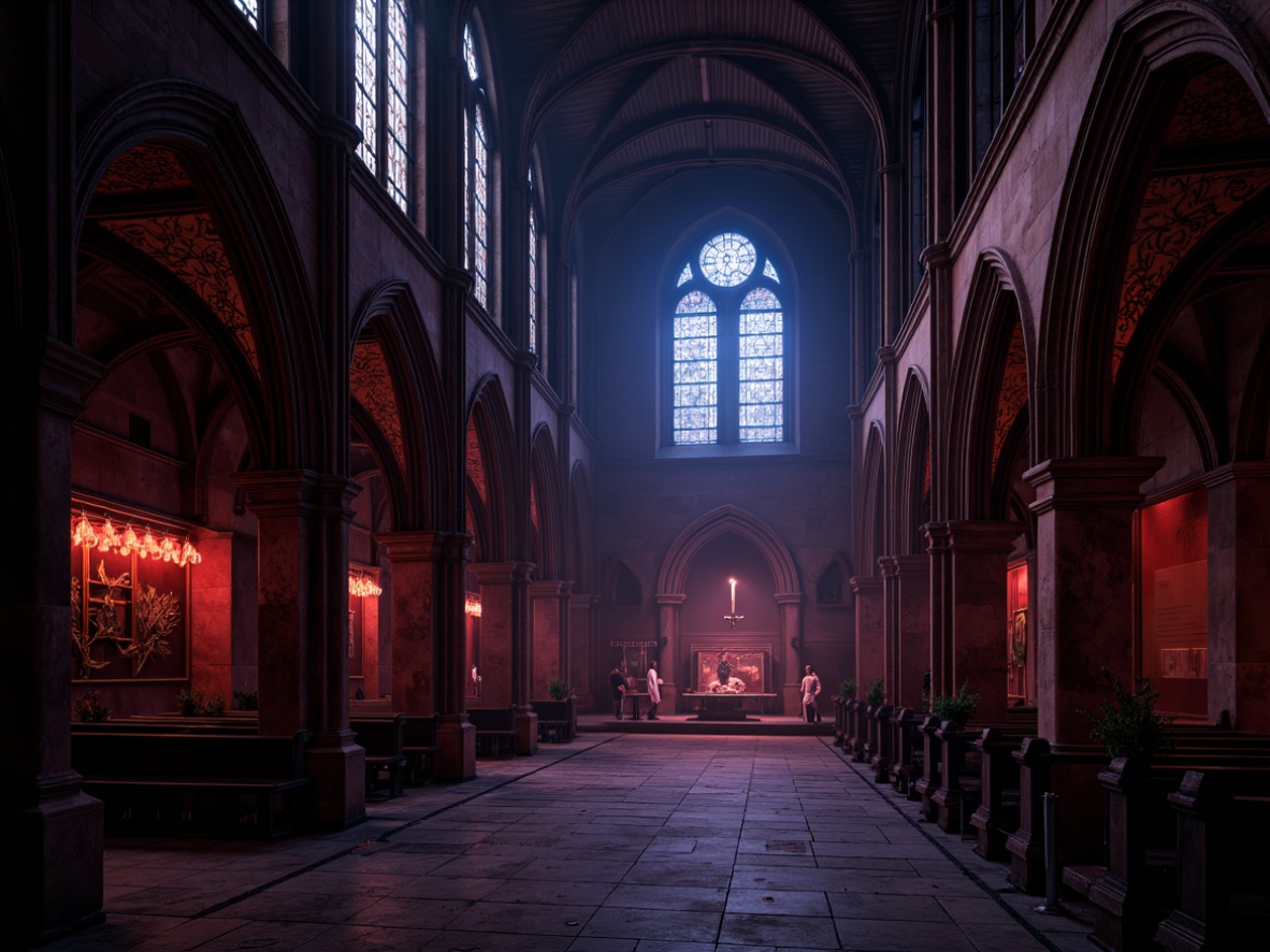 Prompt: Dark mysterious cathedral, eerie atmospheric lighting, rich velvety blacks, deep crimson reds, midnight blues, mysterious purples, weathered stone textures, intricate Gothic arches, ornate carvings, mystical symbols, lavish golden accents, dramatic shadows, misty foggy atmosphere, soft diffused light, cinematic composition, high contrast ratios, mysterious ambient Occlusion.