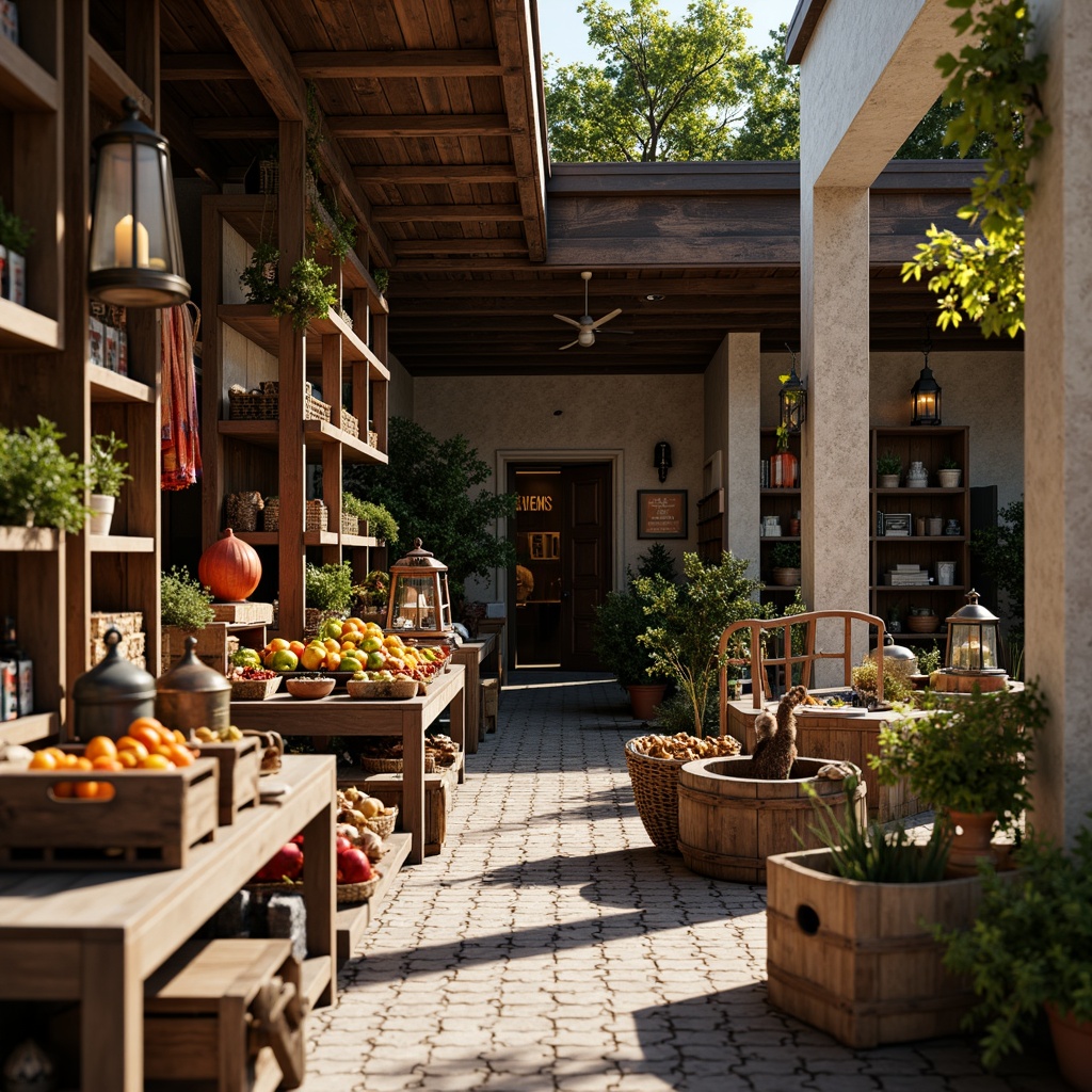 Prompt: Vibrant market stalls, rustic wooden crates, woven baskets, colorful textiles, traditional lanterns, ornate metalwork, distressed stone walls, vintage signage, warm candlelight, shallow depth of field, 1/2 composition, soft natural lighting, authentic cultural props, eclectic decorative accents, Moroccan-inspired tiles, lush greenery, bustling atmosphere, morning sunlight.