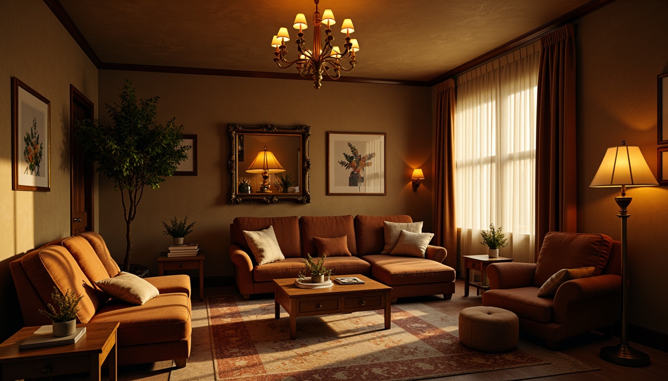 Prompt: Cozy living room, warm golden lighting, soft shadows, comfortable seating area, rustic wooden furniture, velvet upholstery, rich textiles, subtle color palette, elegant chandelier, table lamps, floor lamps, warm beige walls, plush carpeting, intimate atmosphere, relaxing ambiance, gentle glow, low-key illumination, 1/2 composition, shallow depth of field, realistic textures, ambient occlusion.