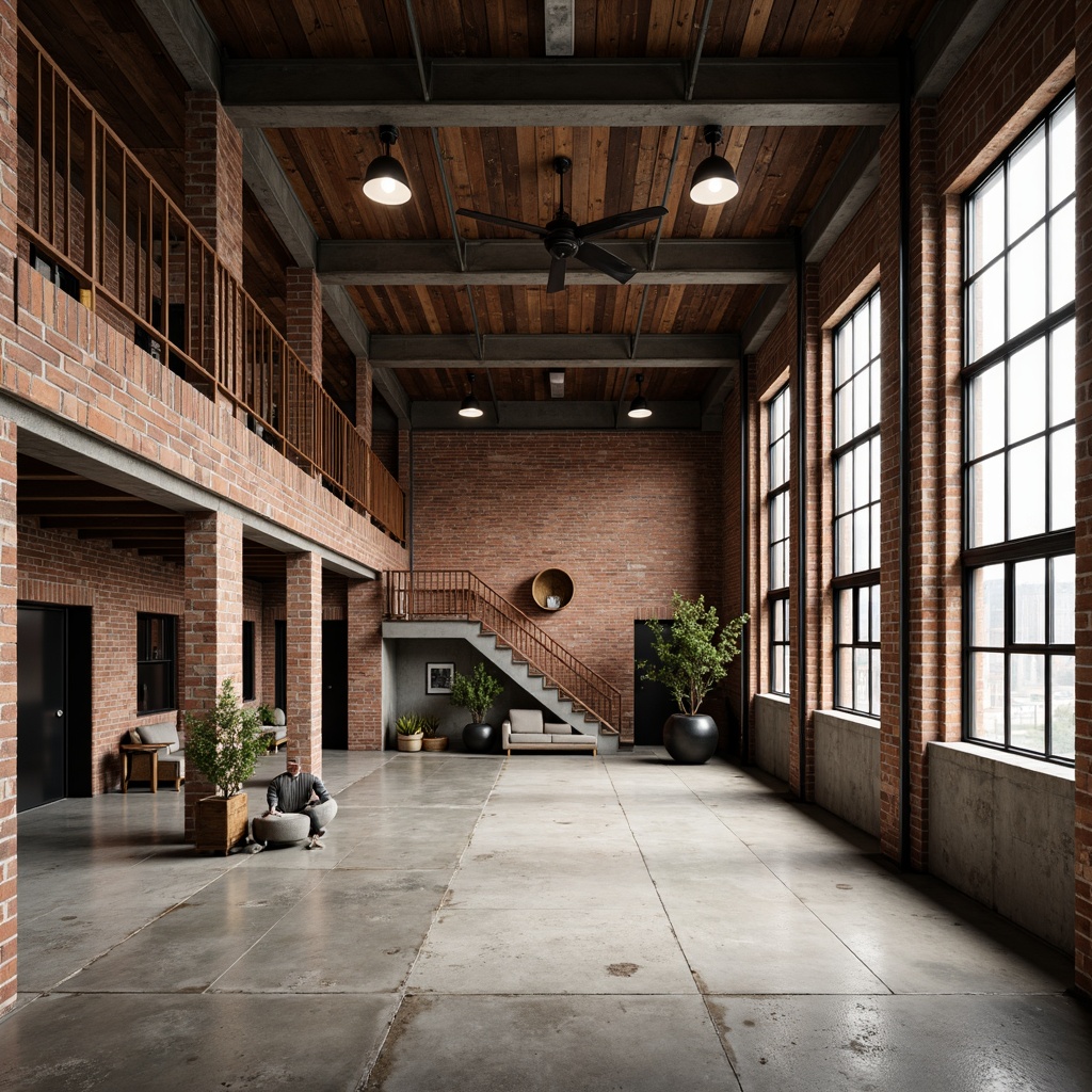 Prompt: Industrial-chic factory building, exposed brick walls, raw concrete floors, metal beams, reclaimed wood accents, minimalist decor, functional lighting fixtures, bold color schemes, geometric shapes, clean lines, functional simplicity, natural textures, earthy tones, industrial heritage, nostalgic ambiance, softbox lighting, 3/4 composition, symmetrical framing.