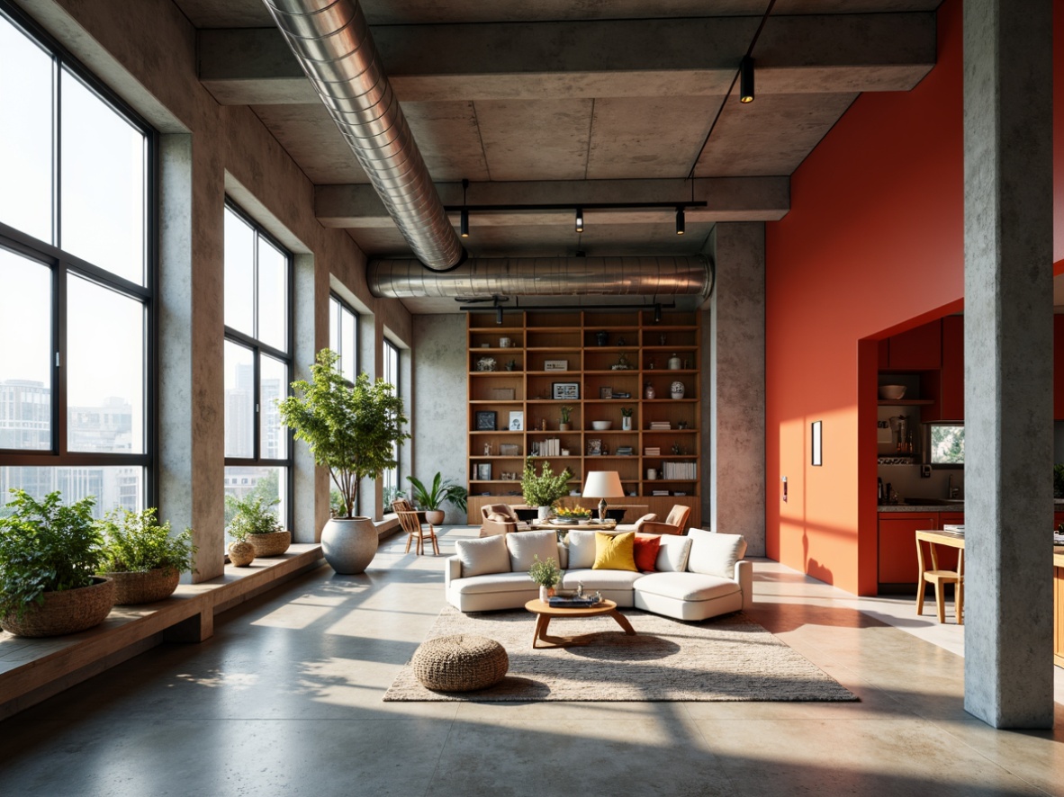 Prompt: Minimalist open floor plan, industrial-style windows, polished concrete floors, exposed ductwork, functional built-in shelving, geometric-shaped furniture, bold primary color accents, natural light pouring in, modern Bauhaus-inspired architecture, seamless transitions between living areas, airy atmosphere, structural columns, steel beams, reclaimed wood accent walls, urban loft vibe, softbox lighting, 1/1 composition, symmetrical framing, high contrast ratio, cinematic depth of field.