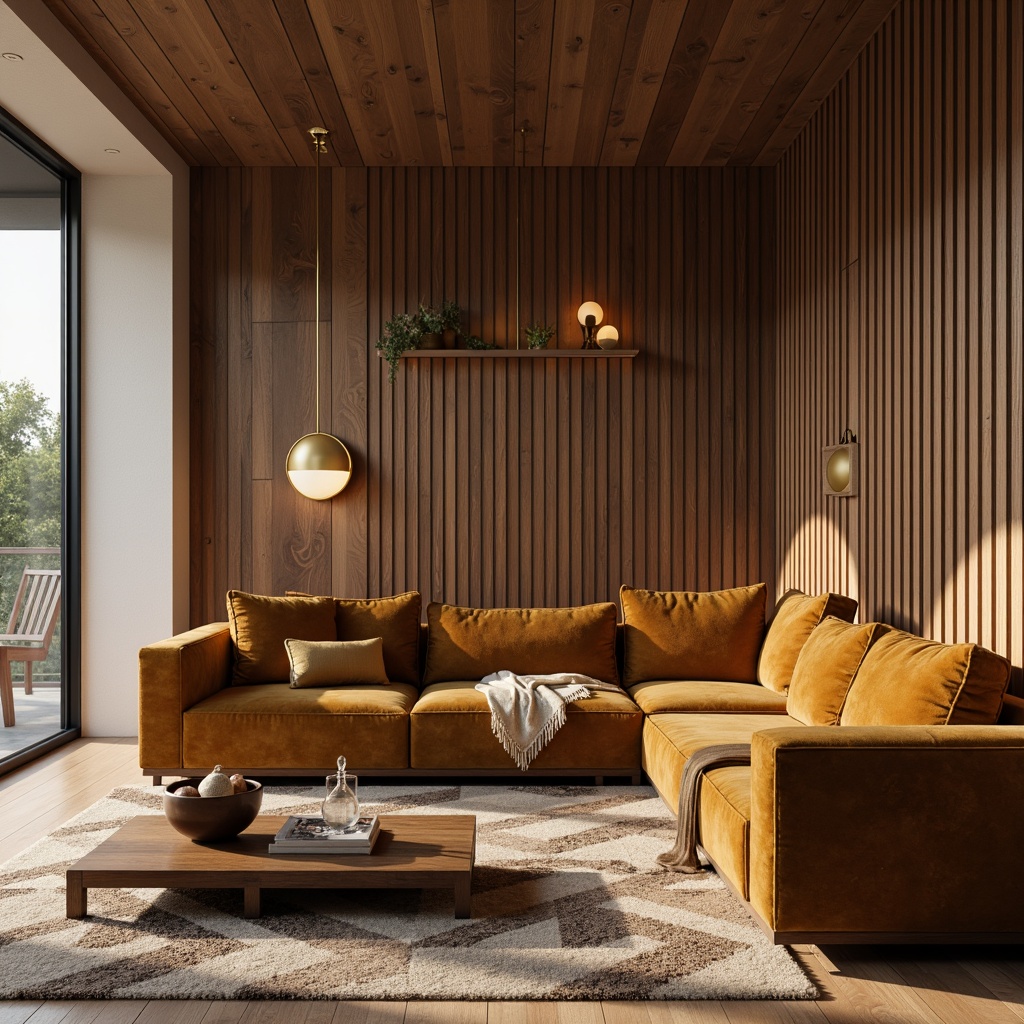 Prompt: Mid-century modern furniture, walnut wood tones, velvet upholstery, golden accents, minimalist coffee table, rounded edges, comfortable sectional sofa, geometric patterned rug, natural fiber textiles, earthy color palette, warm ambient lighting, soft shadows, 1/1 composition, realistic reflections, cozy atmosphere.