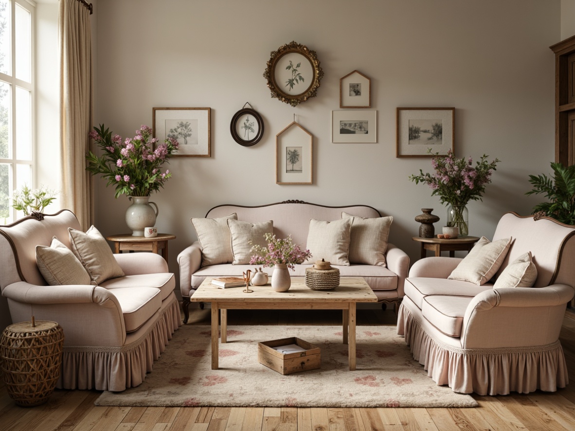 Prompt: Vintage-inspired furniture, distressed finishes, soft pastel hues, delicate florals, lace trims, velvet fabrics, linen textures, ruffled edges, ornate patterns, subtle sheen, warm beige tones, rustic wooden accents, natural fiber rugs, antique accessories, feminine details, whimsical touches, romantic ambiance, warm soft lighting, shallow depth of field, 1/2 composition.