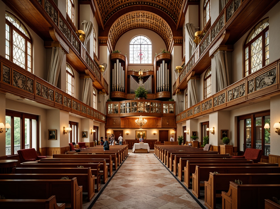 Prompt: Elegant Art Deco church interior, ornate wooden pews, stained glass windows, intricate geometric patterns, golden accents, lavish chandeliers, high ceilings, grand pipe organs, refined acoustic panels, velvet drapes, polished marble floors, ornamental railings, luxurious fabrics, soft warm lighting, shallow depth of field, 1/1 composition, realistic textures, ambient occlusion.