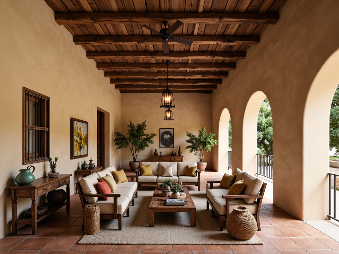 Prompt: Rustic Mediterranean villa, warm beige stucco walls, terracotta tile floors, wooden ceiling beams, elegant archways, ornate wrought iron railings, plush sectional sofas, distressed leather armchairs, vintage wooden coffee tables, colorful ceramic vases, woven wicker baskets, natural fiber rugs, earthy tone throw pillows, soft warm lighting, shallow depth of field, 1/1 composition, realistic textures, ambient occlusion.