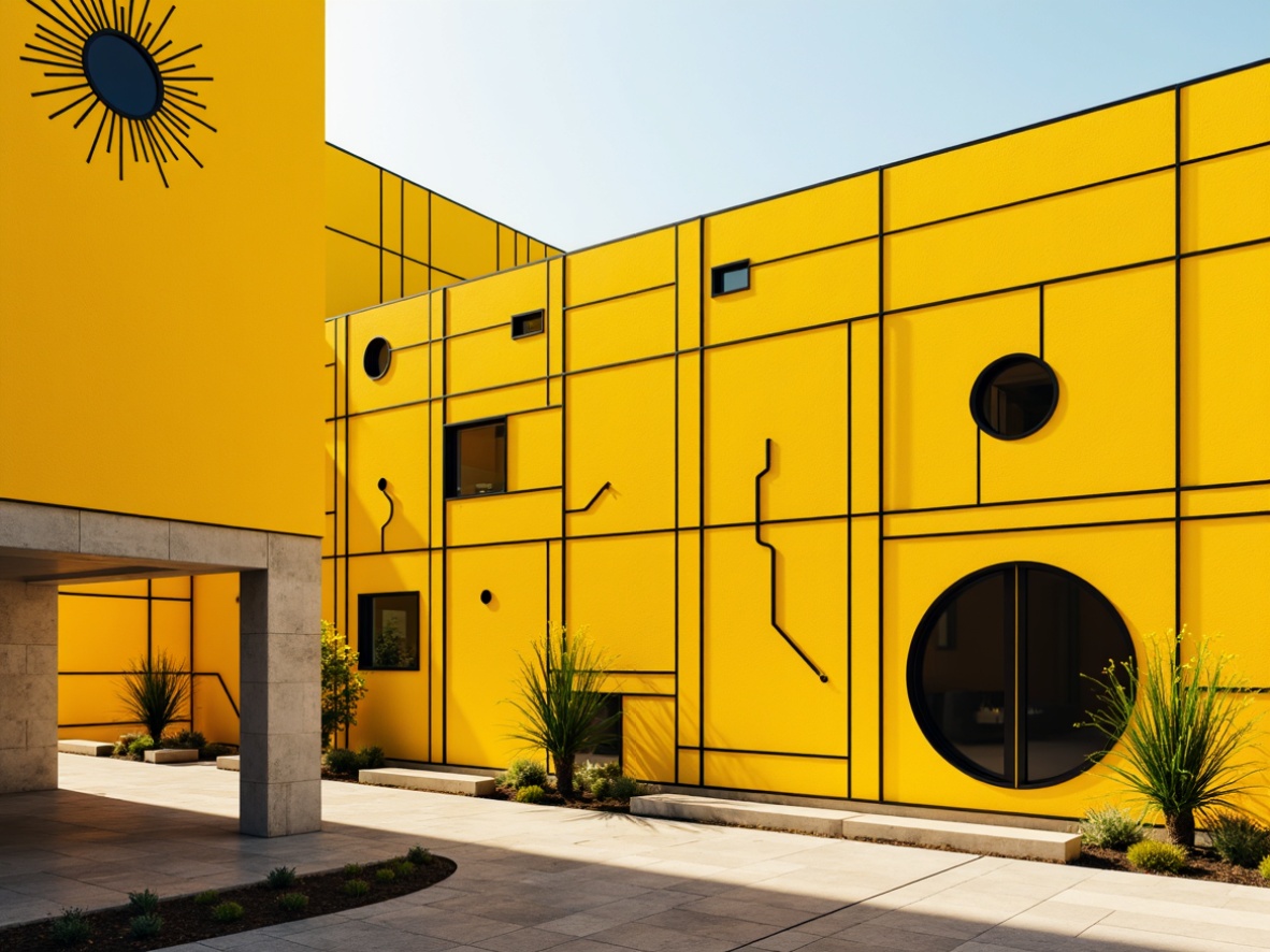 Prompt: Vibrant yellow walls, geometric shapes, abstract patterns, modernist architecture, bold black lines, rectangular forms, circular motifs, triangular compositions, minimalist design, industrial materials, metal beams, concrete structures, urban cityscape, sunny day, high contrast lighting, 1/1 composition, flat lay perspective, sharp focus, clean lines, functional simplicity.