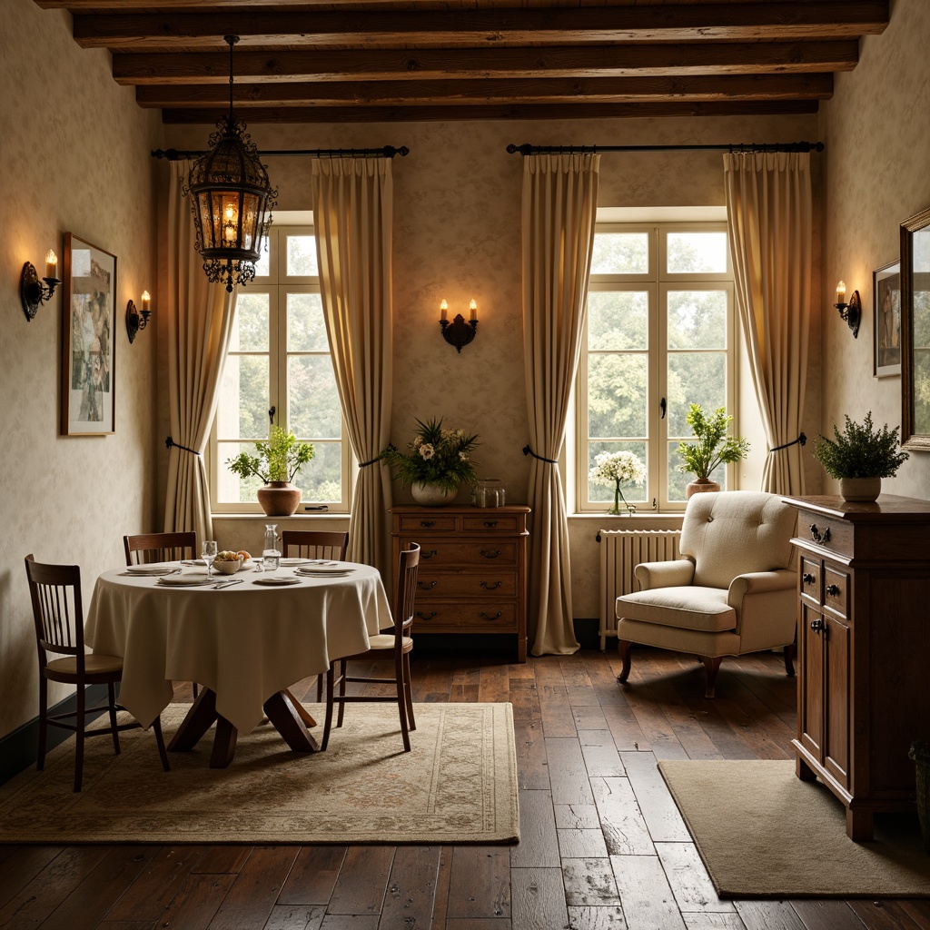 Prompt: Rustic French country interior, warm beige walls, distressed wood flooring, soft candlelight, pendant lanterns, bronze sconces, ornate metalwork, elegant chandeliers, creamy window treatments, billowy curtains, natural fabrics, vintage accessories, earthy color palette, warm golden lighting, ambient glow, subtle shadows, 1/1 composition, intimate atmosphere, romantic ambiance.