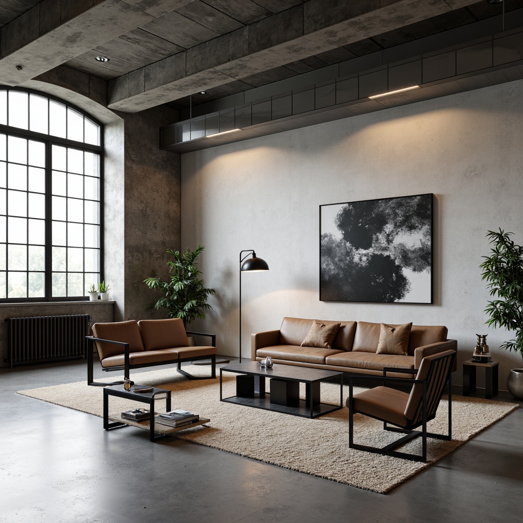 Prompt: Industrial chic living room, functional furniture, geometric shapes, tubular steel frames, leather cushions, minimalist decor, monochromatic color scheme, sleek coffee tables, ergonomic chairs, adjustable desk lamps, abstract artwork, polished concrete floors, urban loft atmosphere, natural light pouring in, high ceilings, industrial windows, metallic accents, modernist architecture, 1/1 composition, soft box lighting, subtle texture details.