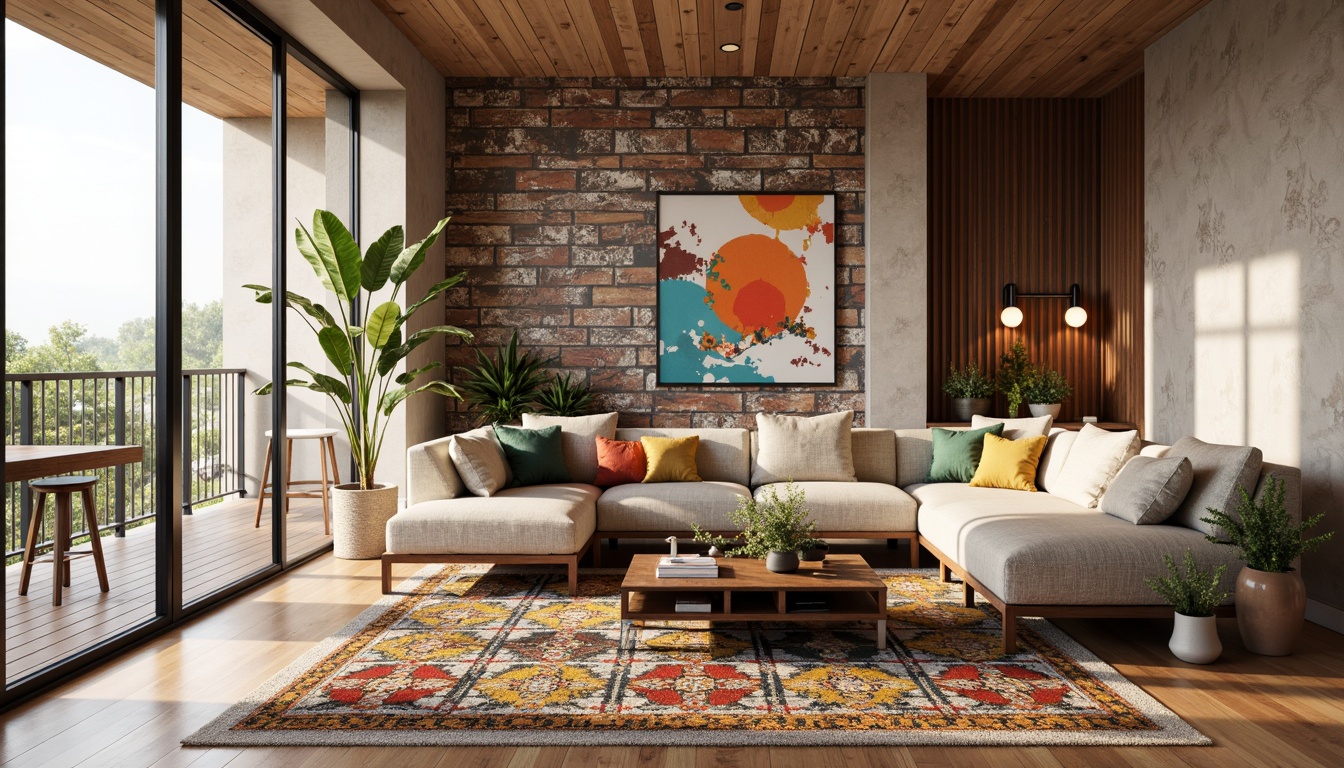 Prompt: Vibrant living room, bold geometric patterns, colorful Moroccan-inspired tiles, plush sectional sofa, modern coffee table, minimalist decor, floor-to-ceiling windows, natural light pouring in, warm wooden flooring, textured rug, abstract artwork, metallic accents, industrial-chic lighting fixtures, 3/4 composition, low-angle shot, realistic textures, ambient occlusion.