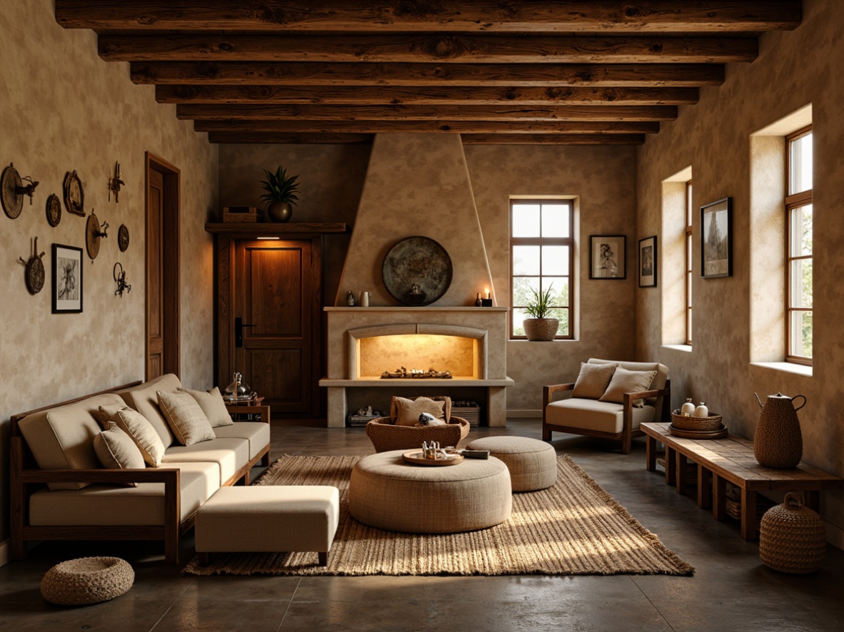 Prompt: Rustic interior, earthy tones, warm beige walls, reclaimed wood accents, vintage furniture pieces, natural textiles, woven baskets, distressed metal decorations, candlelight ambiance, soft warm glow, cozy atmosphere, 1/1 composition, intimate view, realistic materials, subtle shading.