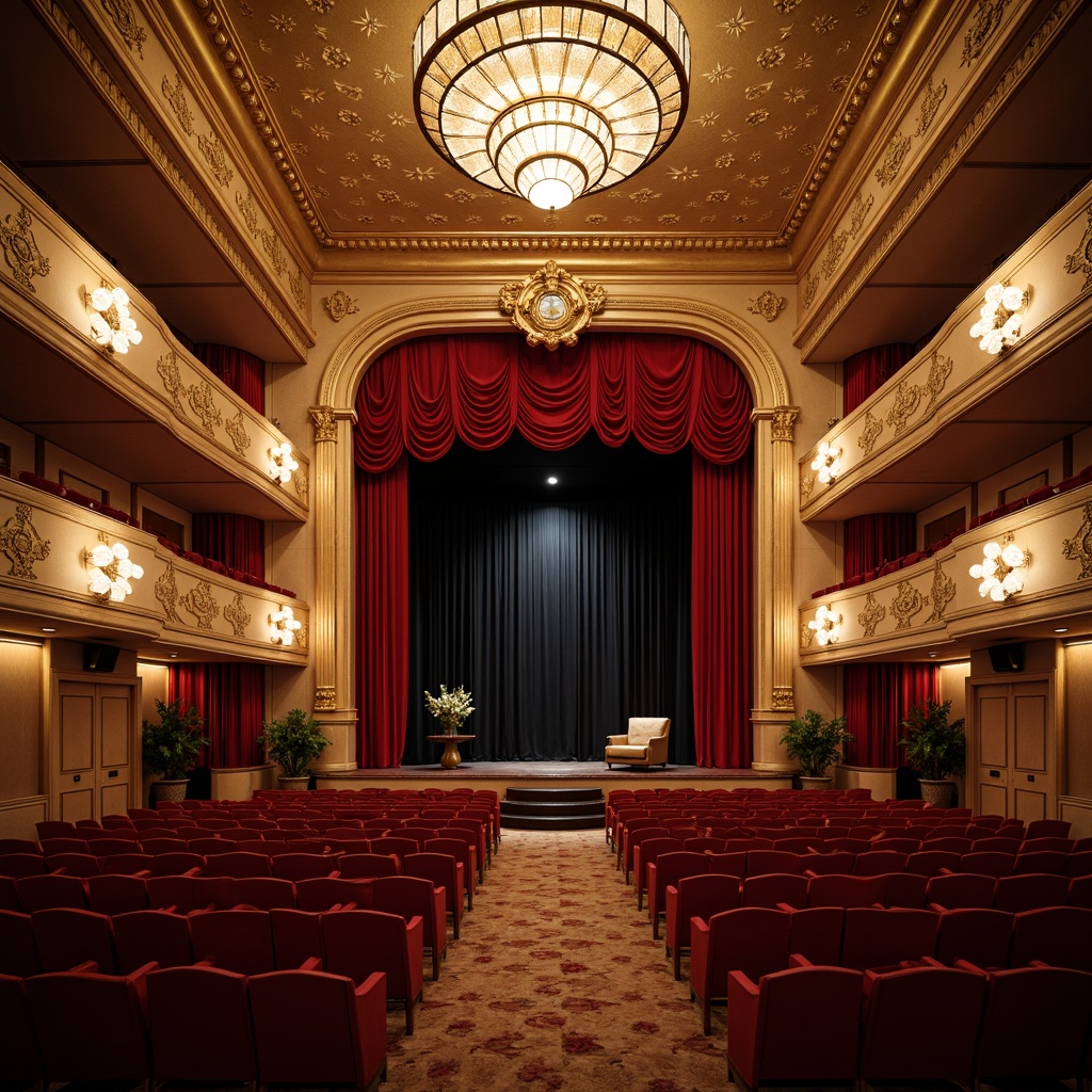 Prompt: Elegant theater interior, ornate chandeliers, soft warm glow, subtle color temperatures, dramatic spotlighting, velvety black box, flexible stage configurations, plush red seats, intricate architectural details, luxurious materials, golden accents, rich wood tones, diffused overhead lighting, sidelights, footlights, cyclorama backdrop, grand entrance foyer, sweeping staircases, majestic high ceilings, opulent drapery, sophisticated ambiance, 1/1 composition, shallow depth of field, warm color palette.