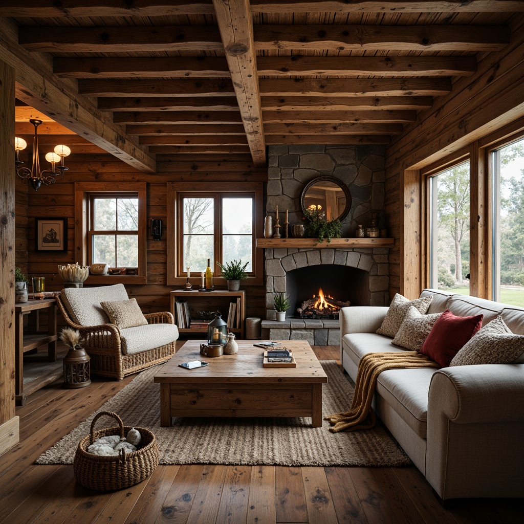 Prompt: Rustic cabin, wooden accents, earthy tones, vintage decor, distressed finishes, natural textures, woven baskets, plush throw blankets, comfortable sofas, wooden coffee tables, metal lanterns, candles, stone fireplaces, cozy nooks, warm lighting, shallow depth of field, 1/1 composition, soft focus, realistic wood grain, ambient occlusion.