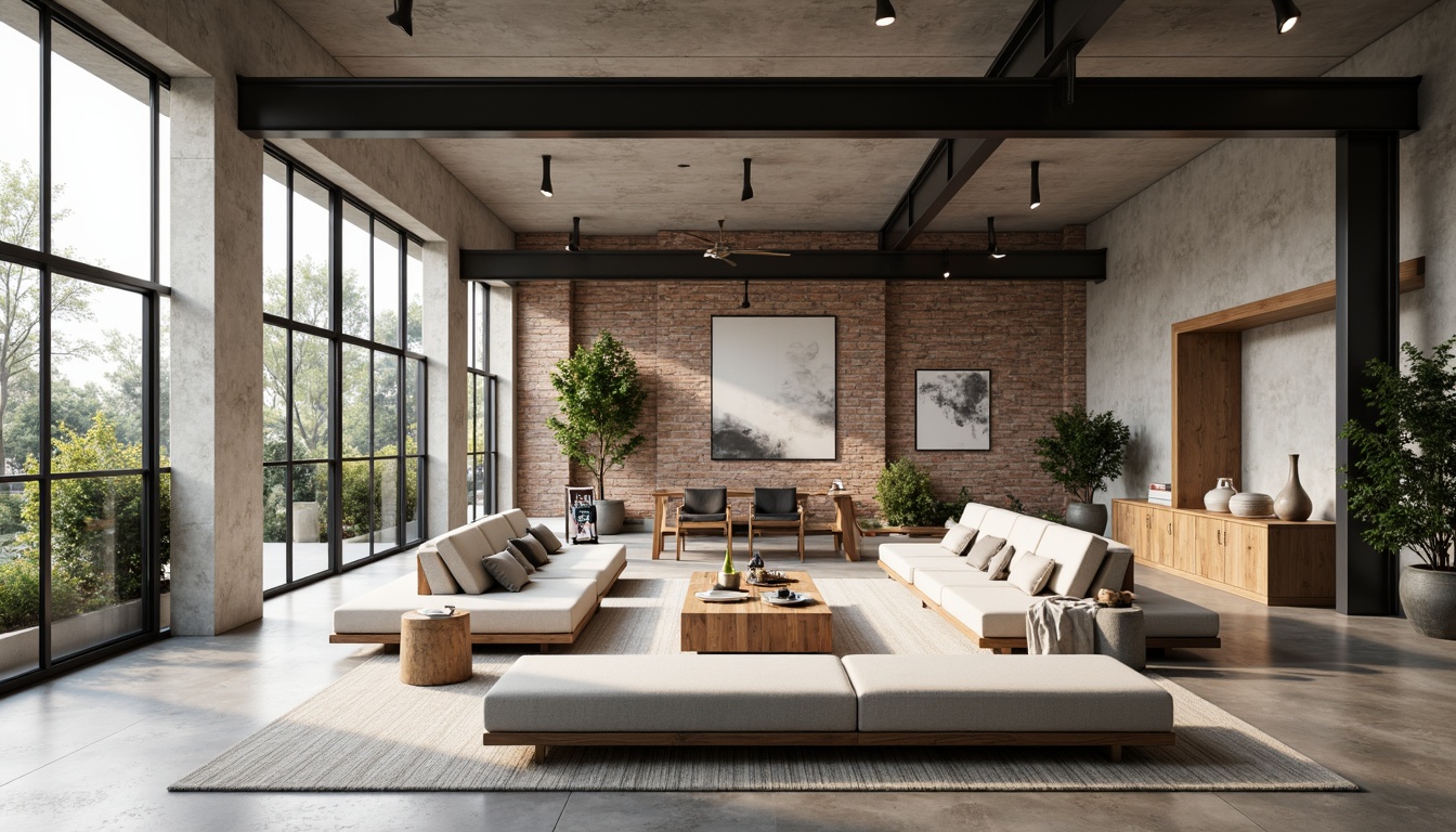 Prompt: Minimalist living space, open floor plan, Bauhaus-inspired design, industrial chic aesthetic, exposed brick walls, polished concrete floors, sleek metal beams, functional minimal decor, geometric patterns, monochromatic color scheme, abundant natural light, floor-to-ceiling windows, sliding glass doors, urban loft ambiance, modern furniture pieces, low-profile sofas, wooden coffee tables, pendant lighting fixtures, soft warm illumination, shallow depth of field, 2/3 composition, realistic textures, ambient occlusion.