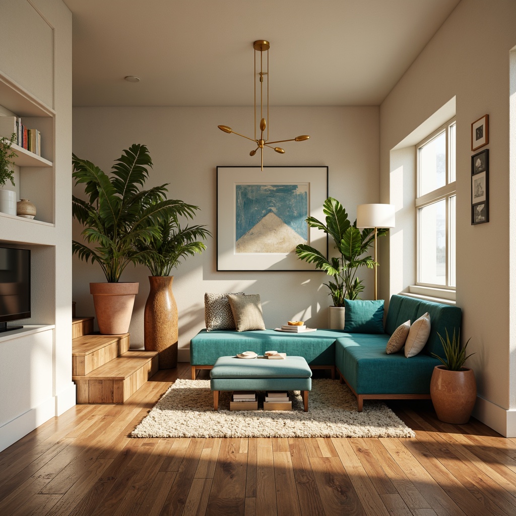 Prompt: Harmonious living room, soft beige walls, rich walnut wood flooring, vibrant turquoise accents, plush velvet furniture, golden metal lighting fixtures, natural linen textiles, creamy white marble countertops, earthy terracotta planters, lush greenery, warm afternoon sunlight, subtle gradient shadows, 1/2 composition, realistic textures, ambient occlusion.