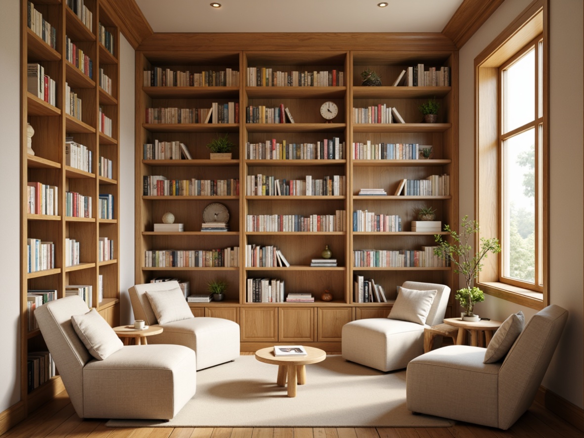 Prompt: Cozy bookstore, wooden bookshelves, warm beige walls, comfortable reading nooks, plush armchairs, soft cushions, natural oak flooring, minimalist decor, calming color scheme, muted pastel hues, creamy whites, rich wood tones, subtle texture contrasts, warm task lighting, softbox window light, 1/2 composition, realistic fabric textures, ambient occlusion.