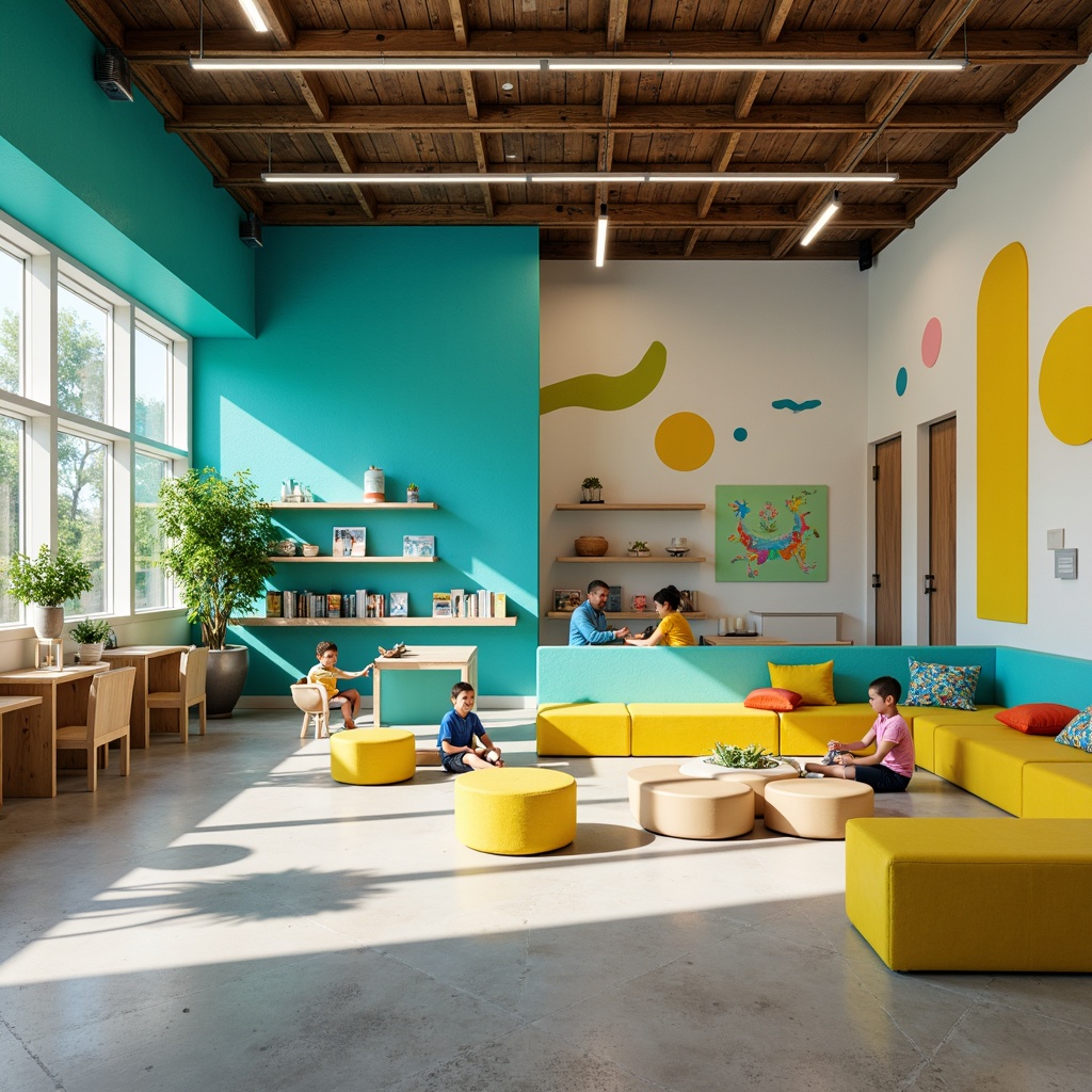 Prompt: Vibrant youth center interior, energetic color scheme, playful turquoise accents, bold yellow highlights, soft pastel hues, whimsical graphic patterns, modern minimalist furniture, sleek metal fixtures, warm wooden tones, cozy reading nooks, lively community spaces, flexible modular seating, natural textiles, eco-friendly materials, abundant daylight, subtle ambient lighting, shallow depth of field, 1/1 composition, realistic textures, ambient occlusion.