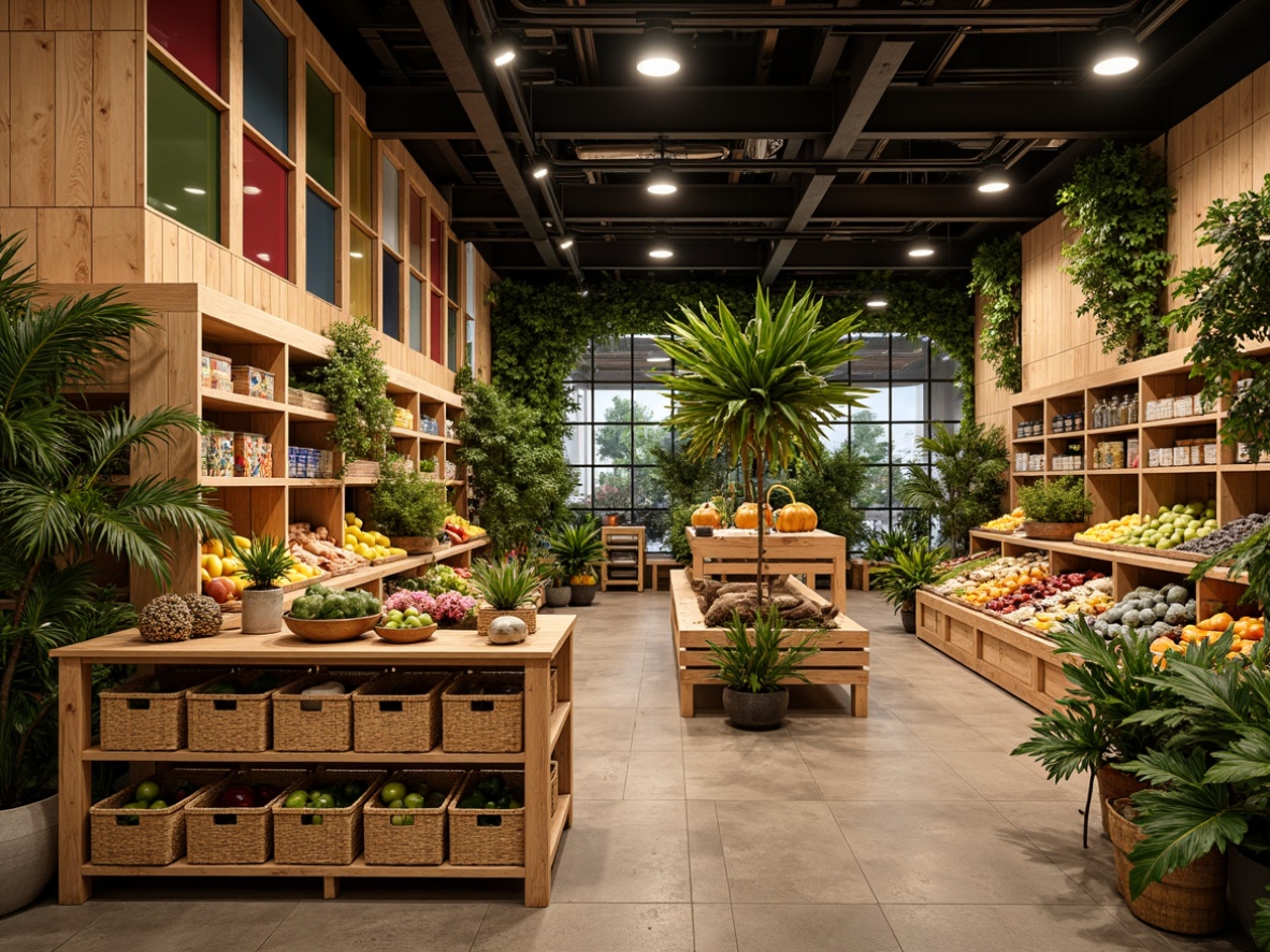 Prompt: Vibrant tropical grocery store interior, natural wood shelving units, woven rattan baskets, exotic flower arrangements, fresh fruit displays, colorful ceramic tiles, rustic wooden crates, reclaimed wood accents, modern LED lighting, industrial metal beams, open ceiling design, lush greenery walls, botanical print fabrics, bamboo flooring, warm ambient lighting, shallow depth of field, 1/1 composition, realistic textures, soft focus effect.