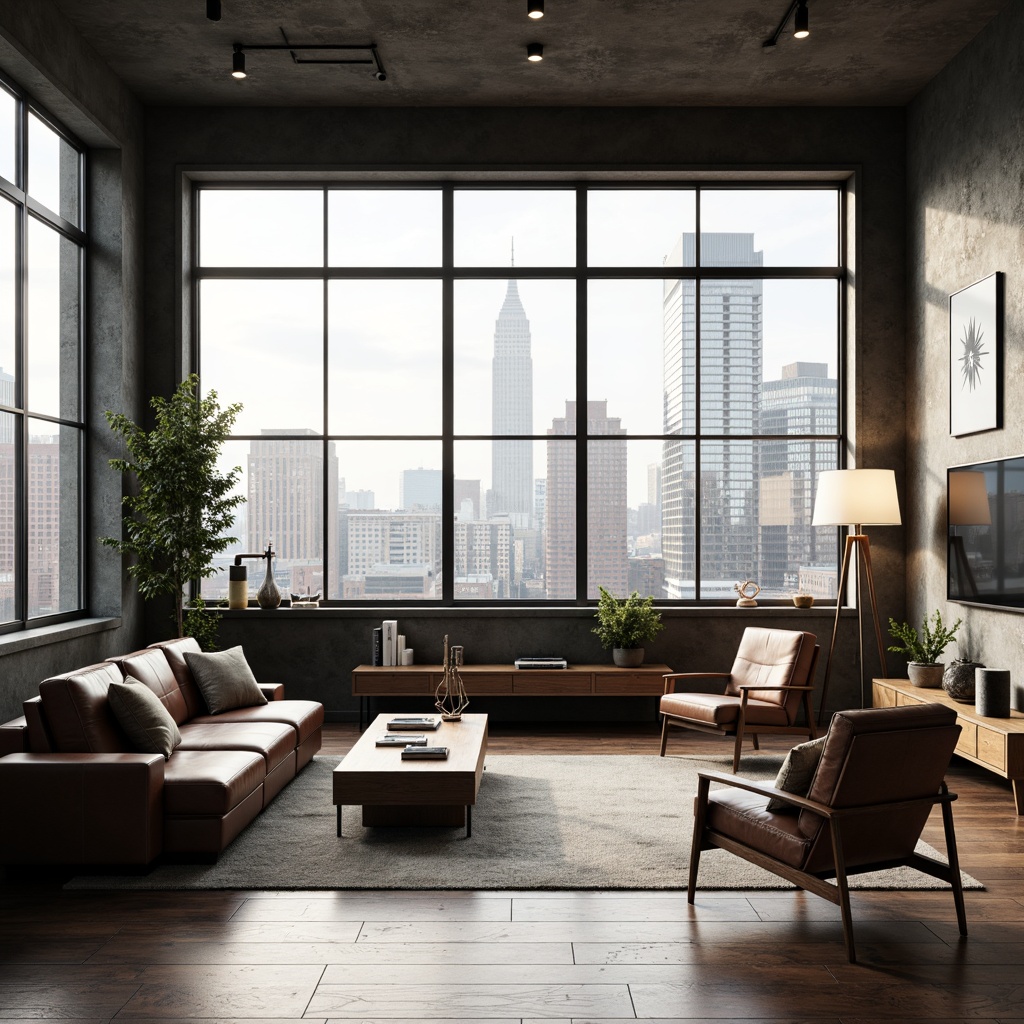 Prompt: Minimalist living room, functional furniture, industrial materials, metal frames, leather upholstery, wooden accents, geometric shapes, clean lines, monochromatic color scheme, abundant natural light, large windows, urban loft atmosphere, modern cityscape views, subtle textures, atmospheric lighting, shallow depth of field, 1/1 composition, realistic render.