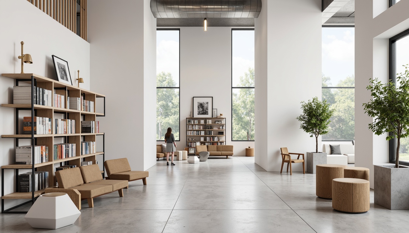 Prompt: Minimalist bookstore interior, white walls, polished concrete floors, floor-to-ceiling windows, natural light, wooden shelves with industrial metal frames, neatly organized book collections, geometric-shaped decorative objects, modern minimalist chairs, warm-toned wood accents, subtle ambient lighting, shallow depth of field, 1/1 composition, realistic textures, soft focus.