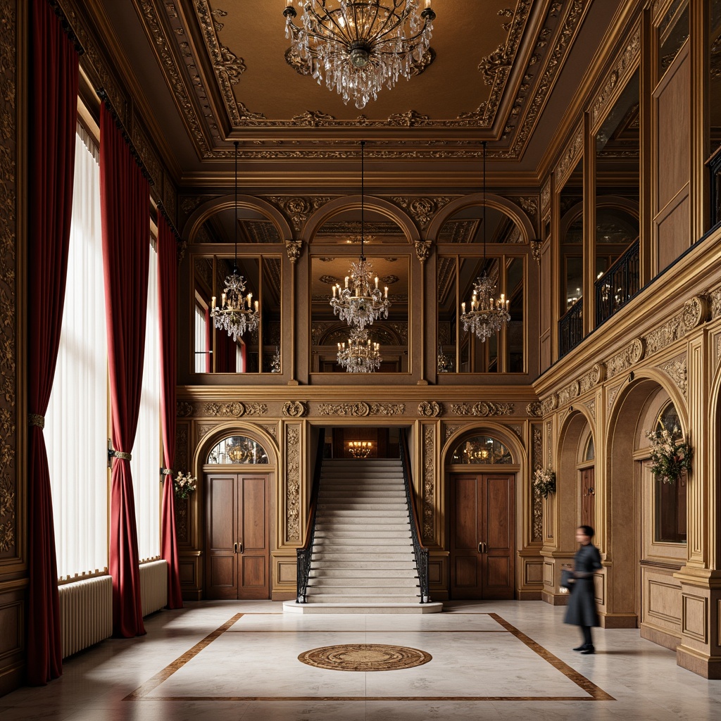 Prompt: Elegant interior space, ornate mirrors, gilded frames, intricately carved wooden panels, rich velvet fabrics, luxurious silk drapes, crystal chandeliers, inlaid marble floors, grand staircases, fluted columns, architrave moldings, decorative pilasters, egg-and-dart motifs, acanthus leaves patterns, symmetrical compositions, soft warm lighting, subtle shadows, 3/4 composition, realistic textures, ambient occlusion.