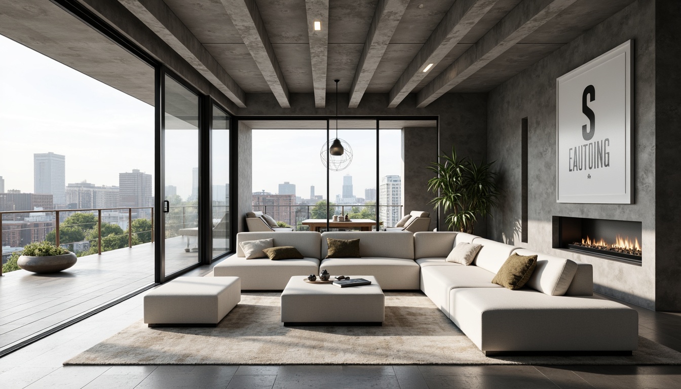 Prompt: Minimalist living room, open floor plan, industrial-chic decor, exposed ductwork, polished concrete floors, sleek metal beams, geometric-shaped furniture, monochromatic color scheme, abundant natural light, floor-to-ceiling windows, sliding glass doors, urban cityscape views, abstract artwork, modernist sculptures, functional storage spaces, built-in shelving units, bold typography, graphic patterns, Le Corbusier-inspired architecture, brutalist concrete structures, airy atmosphere, high ceilings, 1/1 composition, softbox lighting, realistic textures.