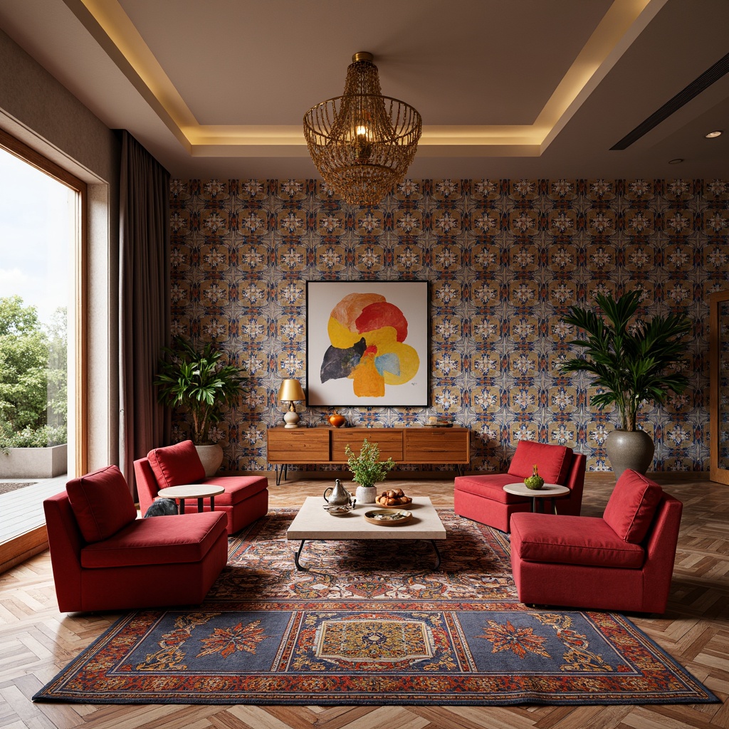 Prompt: Vibrant living room, bold geometric patterns, colorful Moroccan tiles, sleek minimalist furniture, angular lines, modern abstract art, rich velvet fabrics, luxurious gold accents, intricate Islamic motifs, symmetrical composition, warm ambient lighting, shallow depth of field, 3/4 camera view, realistic textures, ambient occlusion.