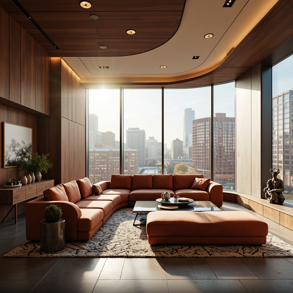 Prompt: Curved lines, minimalist shapes, polished chrome accents, rich walnut wood, luxurious velvet upholstery, low-profile sofas, sleek coffee tables, geometric patterned rugs, abstract sculptures, floor-to-ceiling windows, urban cityscape views, warm golden lighting, shallow depth of field, 1/1 composition, cinematic perspective, realistic reflections, ambient occlusion.